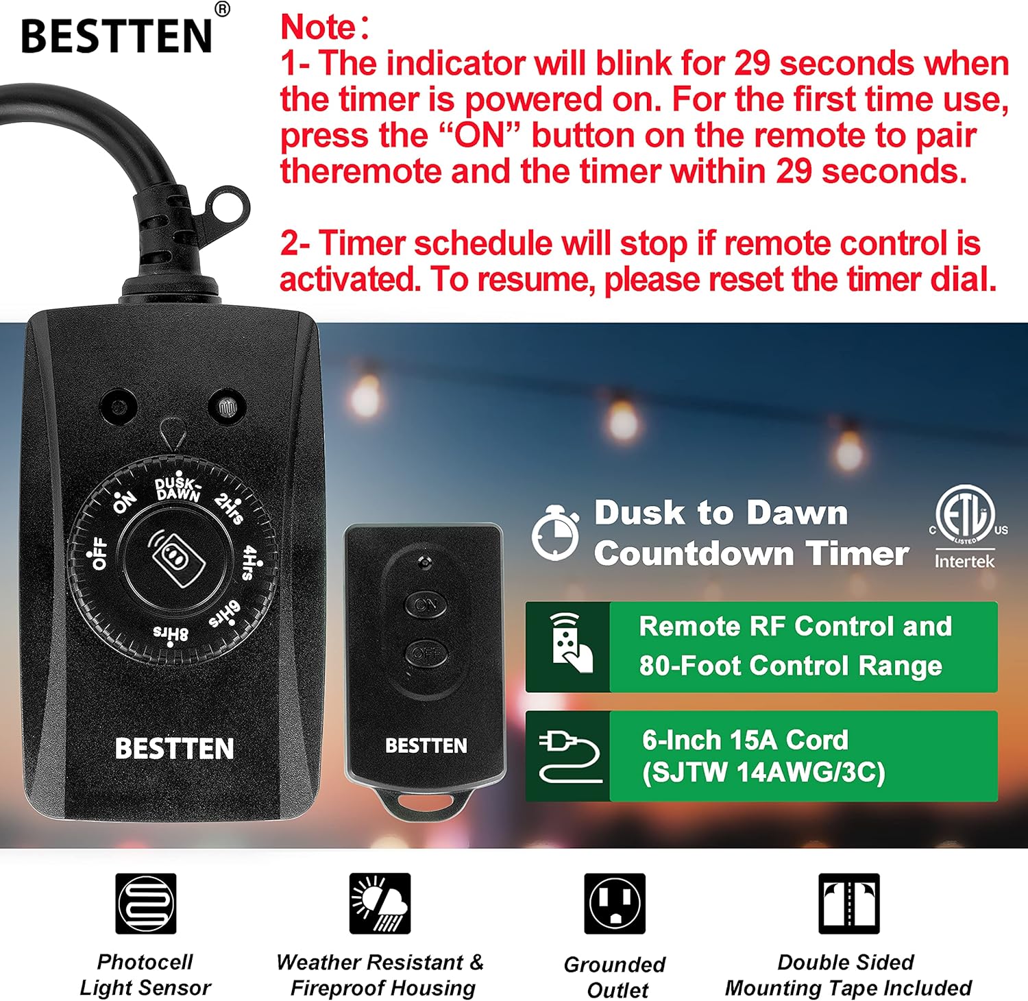 BESTTEN Remote Control Outdoor Outlet with Dusk to Dawn and Photocell Countdown Timer Functions, ETL and FCC Certified, Black: Tools & Home Improvement