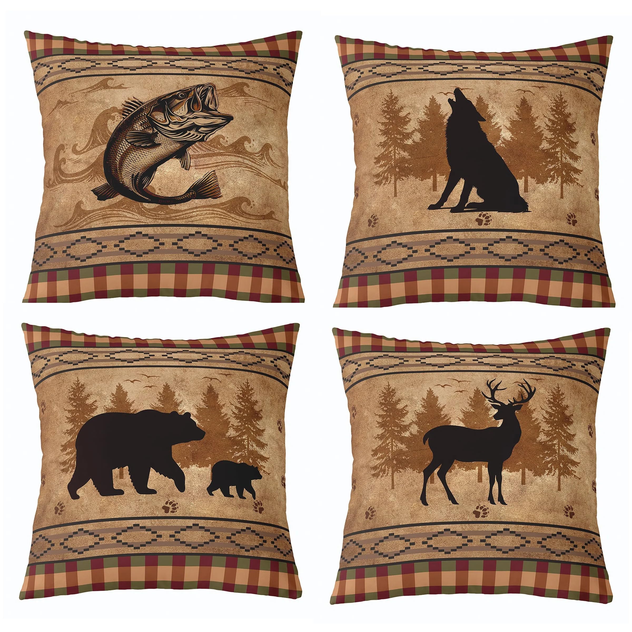 Feelyou Bear Throw Pillow Covers 18"x18" Set of 4 Soft Rustic Fish Cushion Case Deer Decor Pillowcase Farmhuse Wolf Brown Indoor Outdoor
