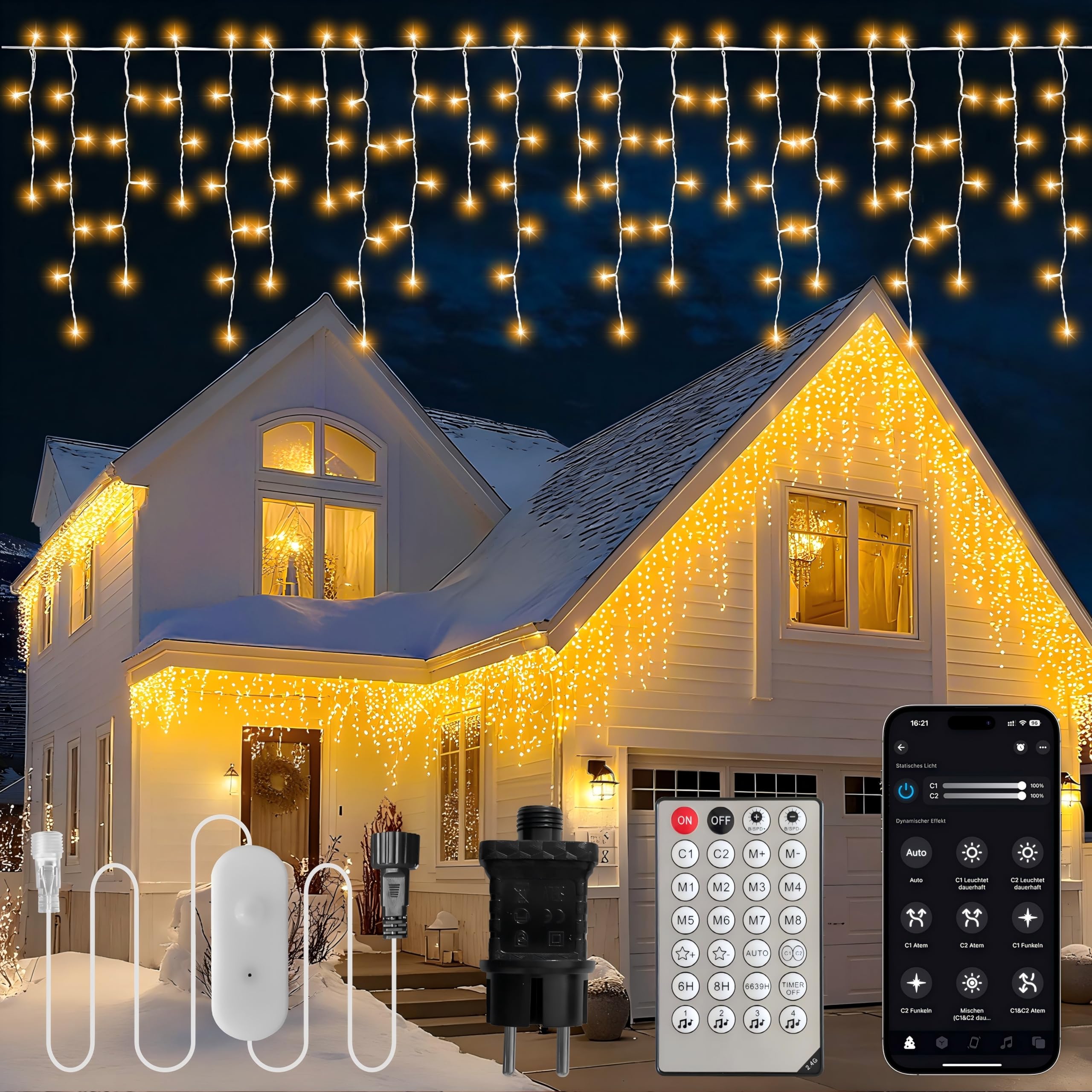 Gliztech Guirlande Stalactite avec APP pour Extérieur (Blanc Chaud, 20M)
