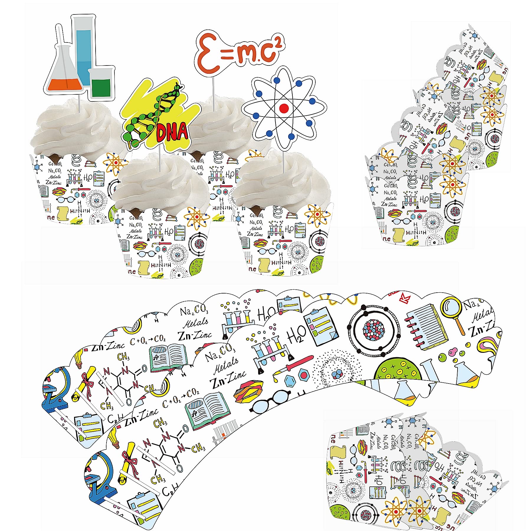 48Pcs Science Cupcake Wrappers and Toppers Set Science Cupcake Holders with Treat Picks Kit Science Party Decoration Science Party Supplies Mad Science Baby Shower Kids Themed Party Decorations Favors