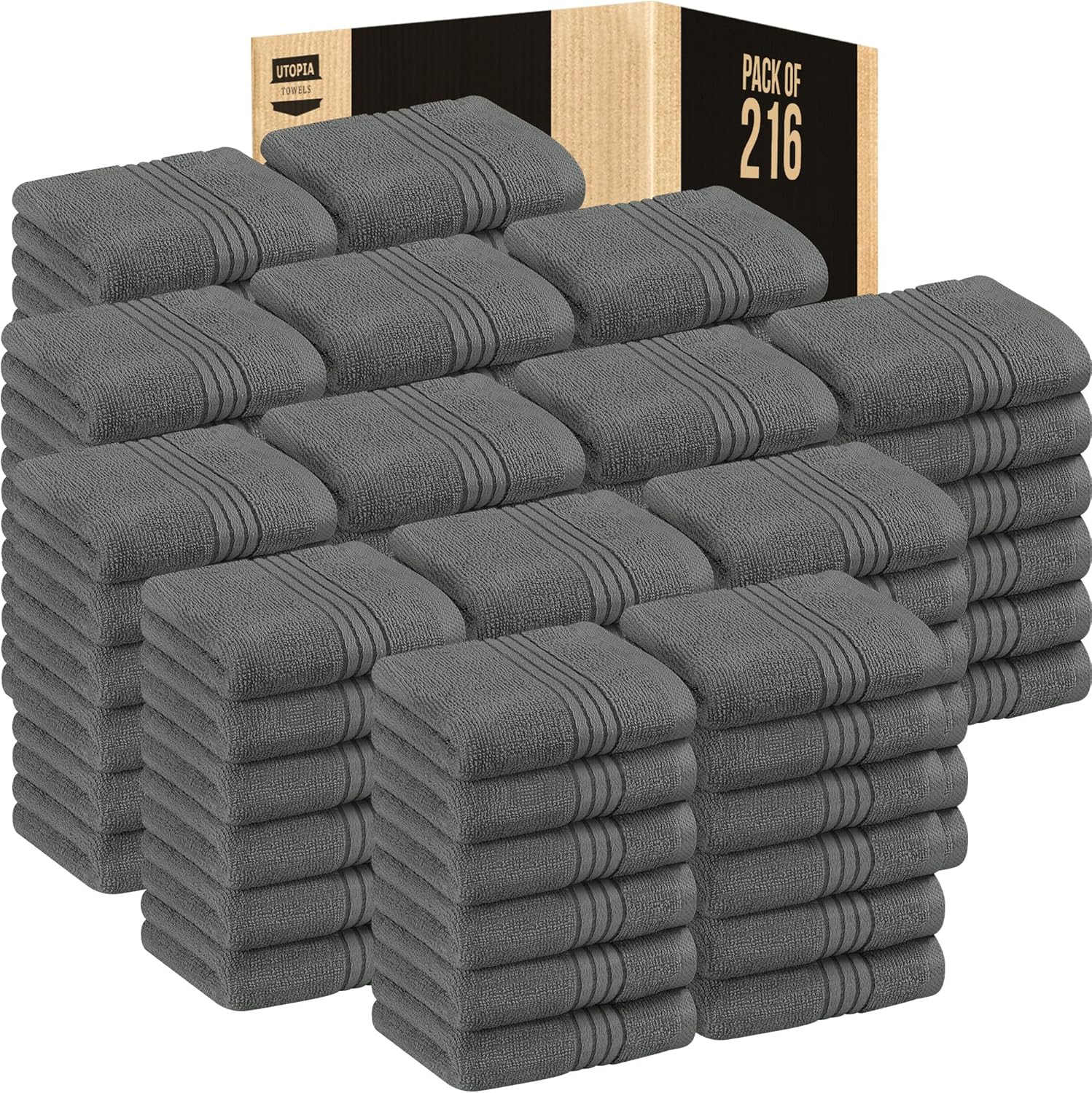 Utopia Towels - Luxury Wash Cloths Set (12 x 12 Inches) 600 GSM 100% Cotton Ring Spun, Highly Absorbent and Soft Feel Washcloths for Bathroom, Spa, Gym, and Face Towel (Grey) (216 Pack)