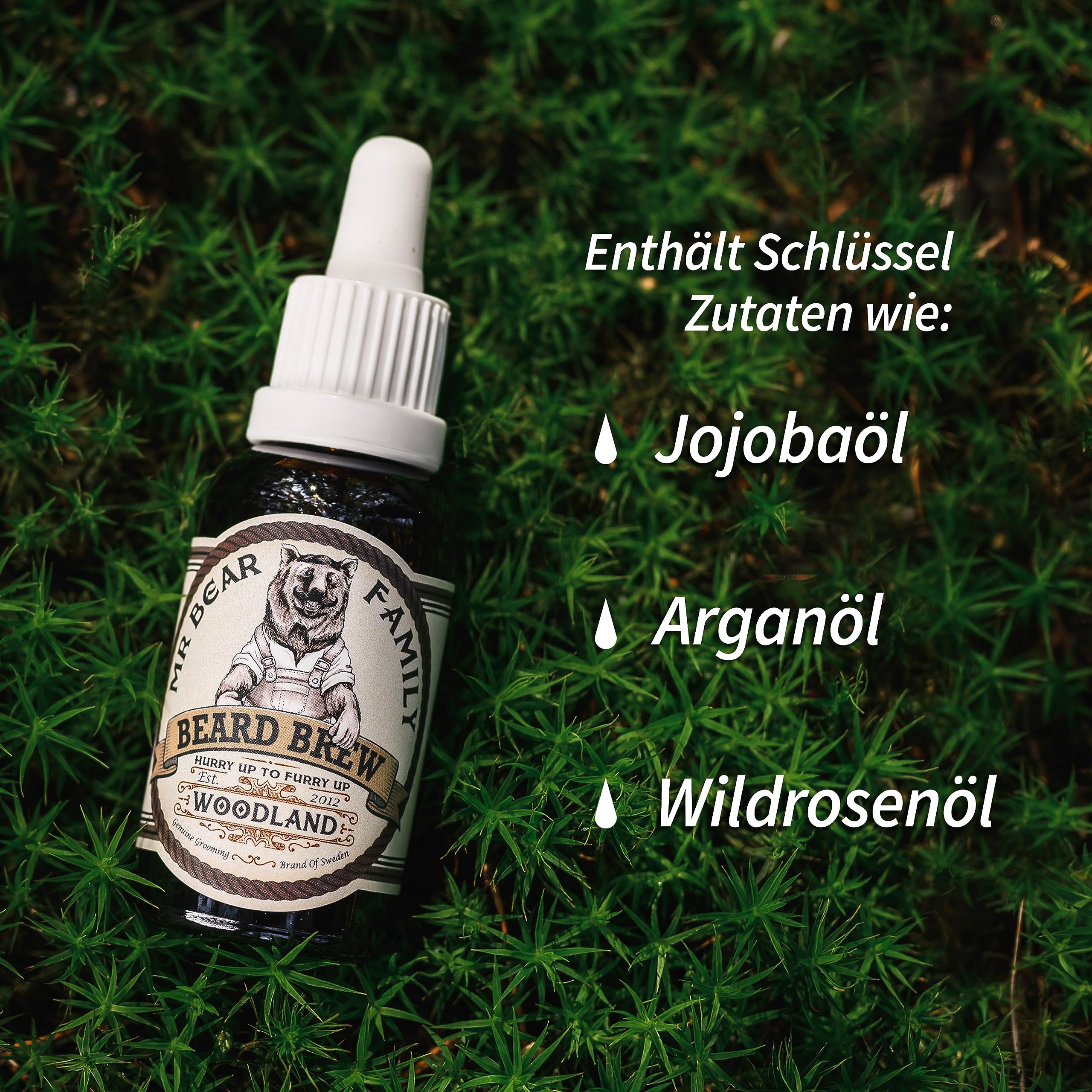 Mr Bear Family Bartöl Herren - Woodland - pflegt und unterstützt Bart Wachstum - nährreiches Bartpflege Öl mit Jojoba und Argan - Bart Öl Man - Moisturizer Beard Oil for Men 30ml