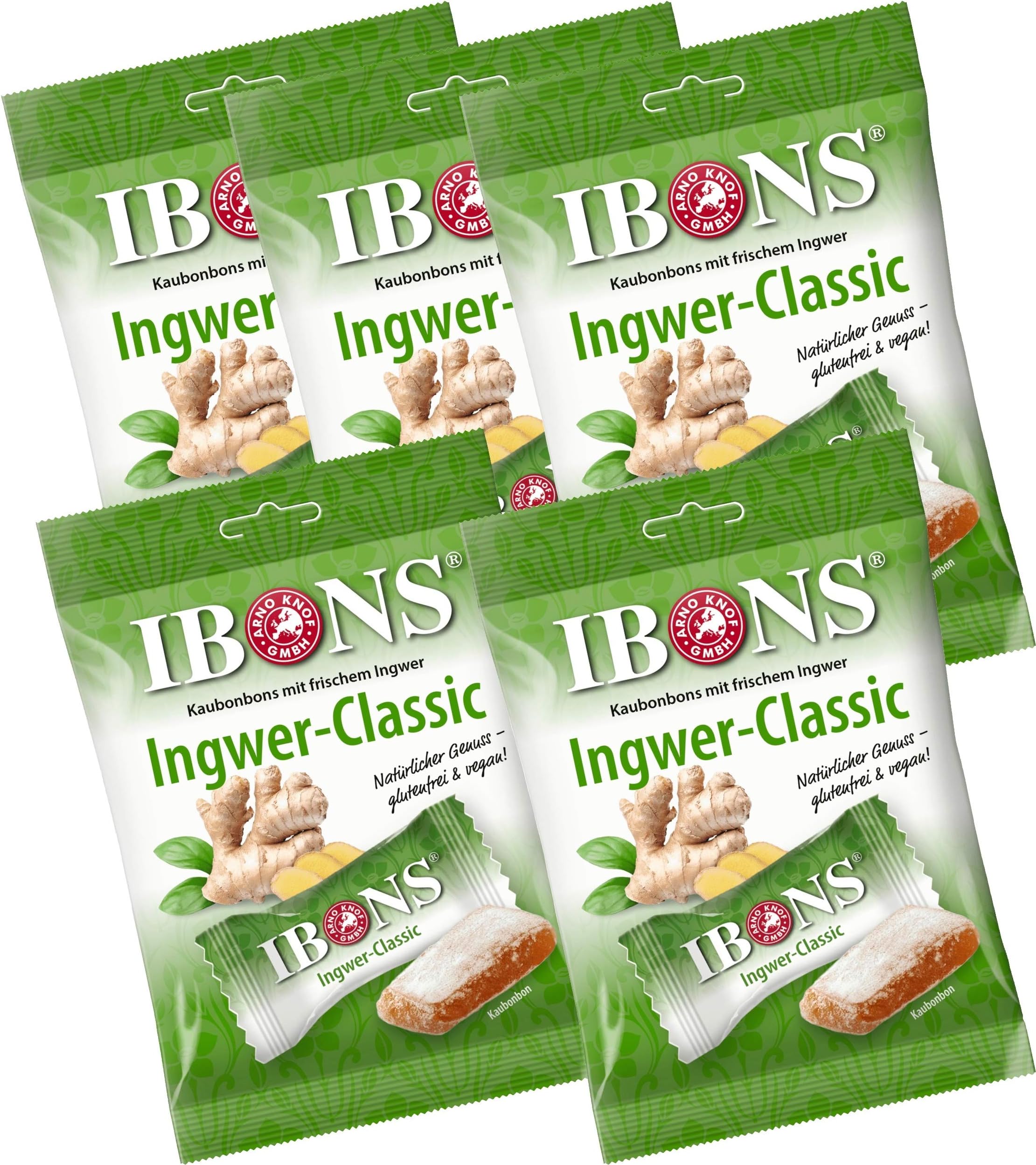 IBONS 5 packs x 92 g Classic Ginger Candies - Ginger Chewy Sweets - Made in Germany