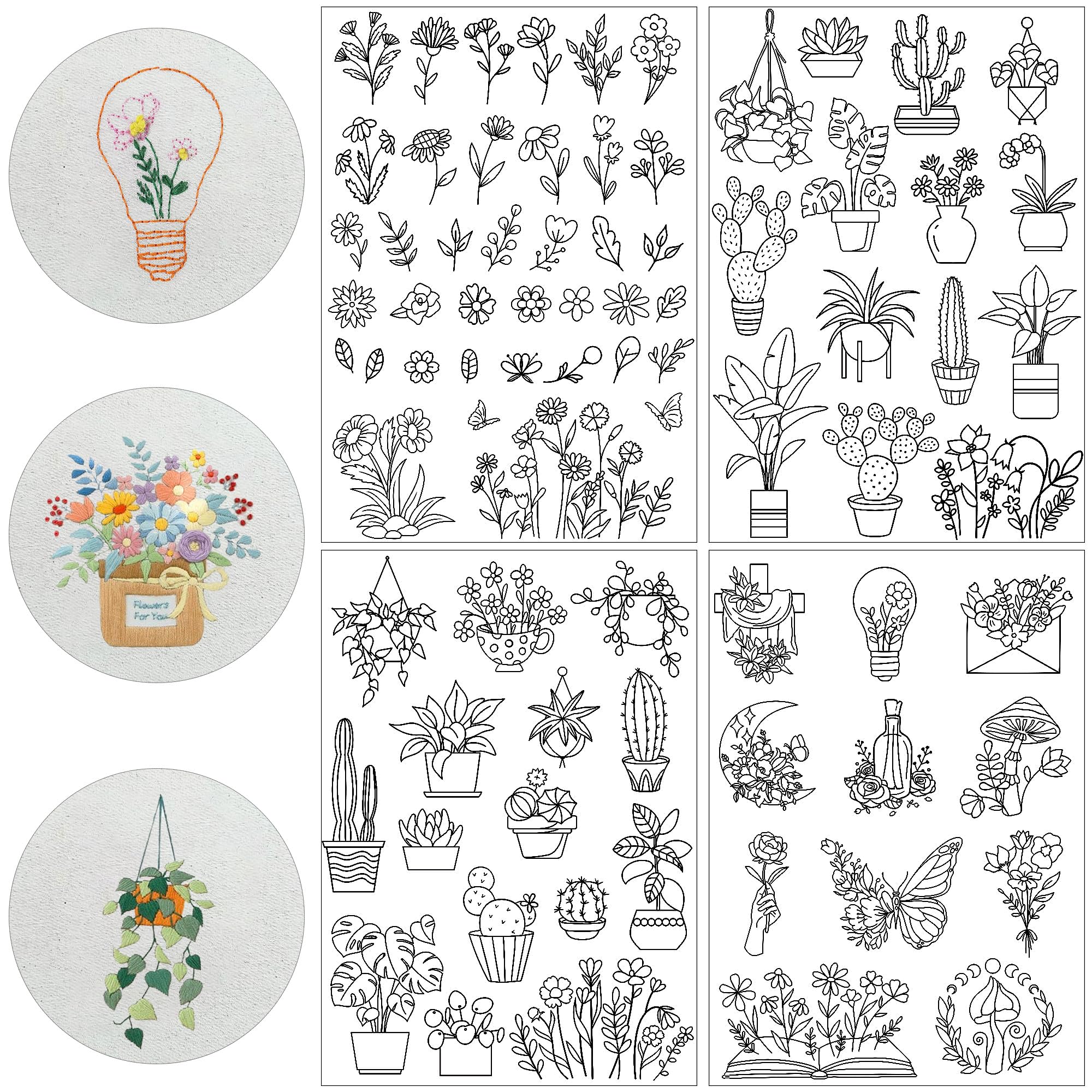 Stick & Stitch Embroidery Designs - Stick & Stitch Embroidery Paper Wash Away, 4 Sheet Water Soluble Stabilizer for Embroidery, Flower Plant Cactus Butterfly Moon, Suprise for Hand Sewing Lover