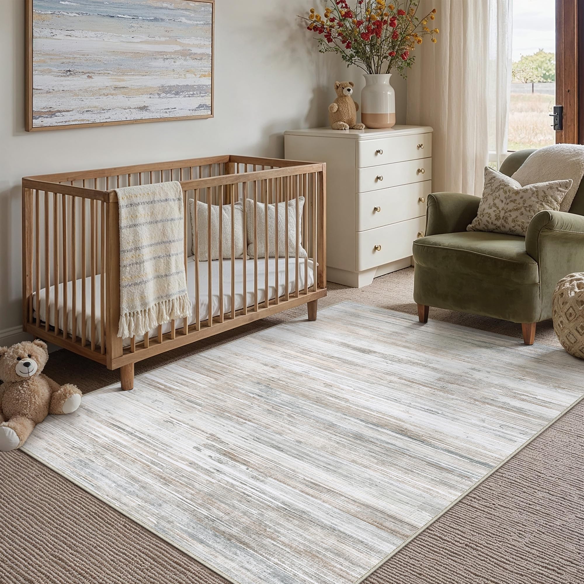 PureCozy Teppich Wohnzimmer 120x170cm Grün Braun Waschbar Groß Carpet