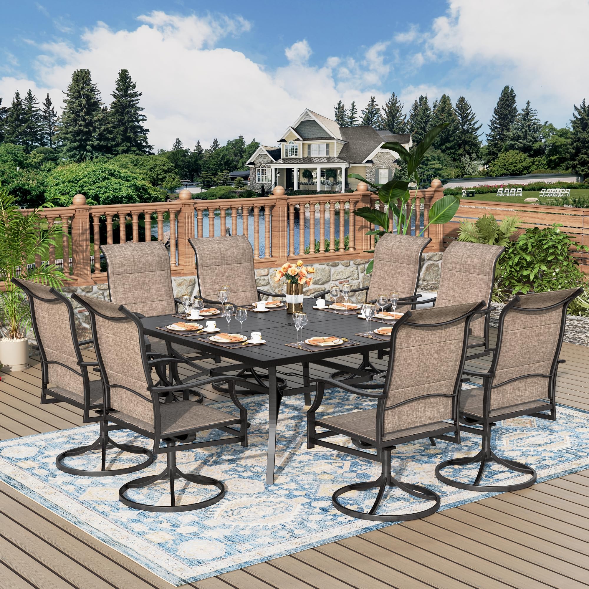 MIXPATIO 9 Pieces Patio Dining Set, Outdoor Table and Chairs, 8 x Textilene Swivel Dining Chairs and 60" Square Outdoor Dining Table, for Cozy Garden