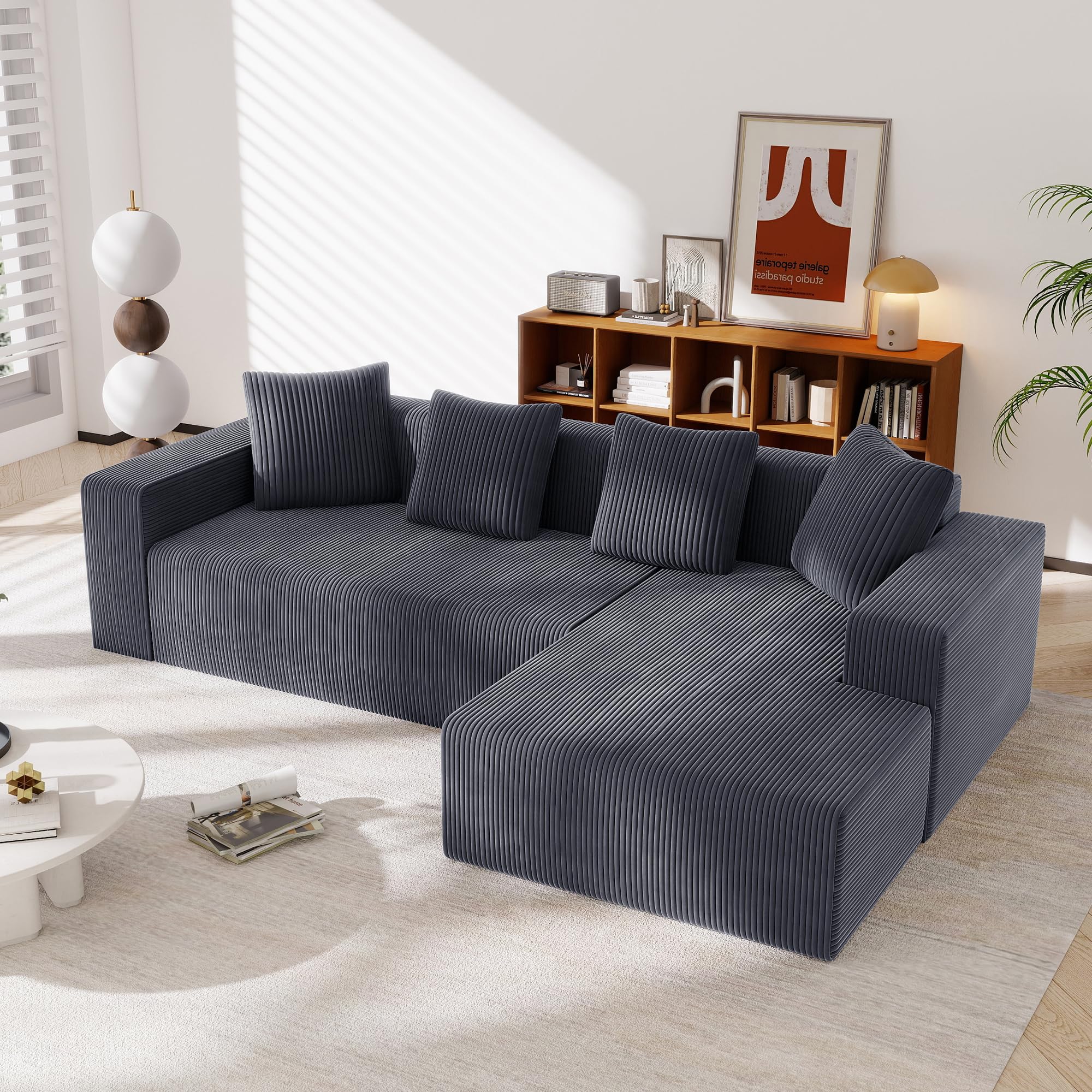 Bladez Sofá esquinero en L de 4 plazas - Sofá modular de pana con chaise longue reversible, 6 cojines, espuma de alta densidad, patas de plástico, duradero y cómodo, para salón, apartamentos (gris + 3