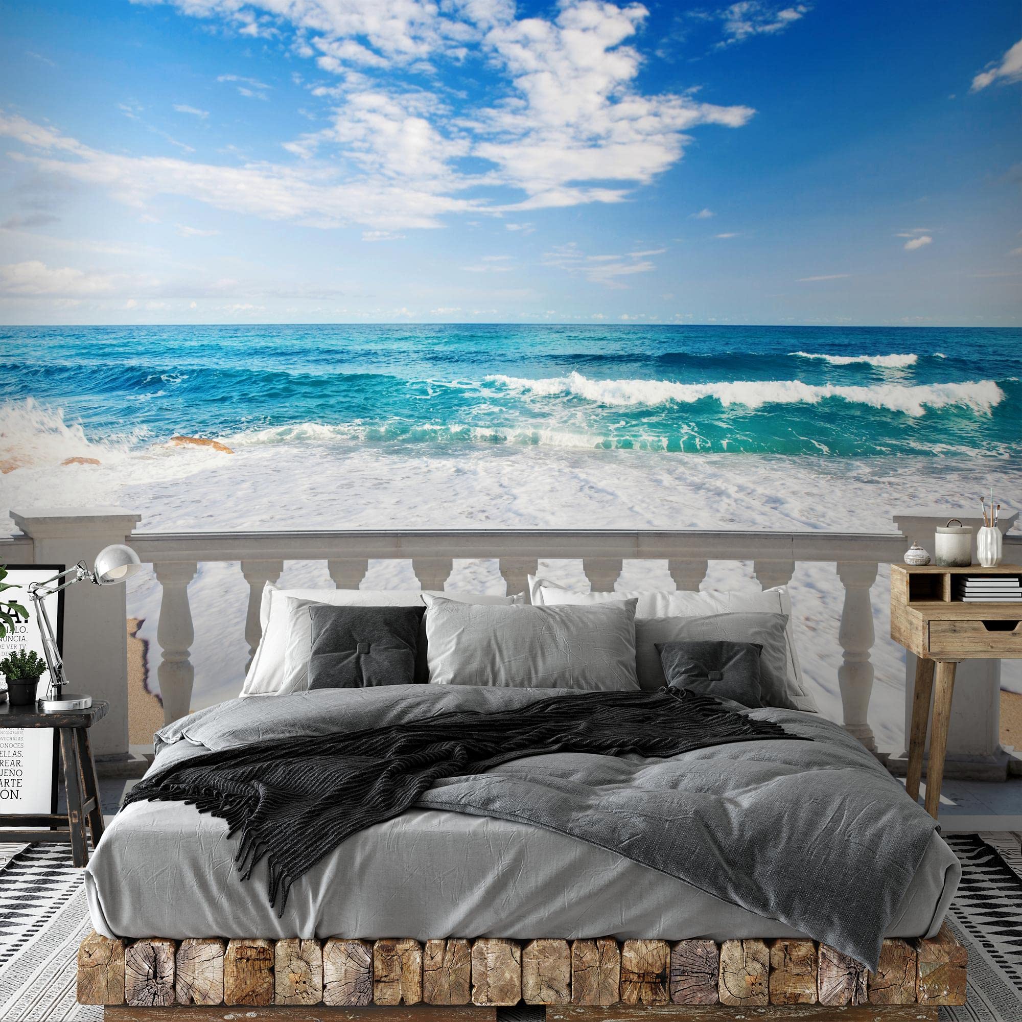 Runa Art Papel tapiz fotográfico Playa terraza del mar Moderna Lana Sala Cuarto Salón - Made in Germany - azul beige 9028010a
