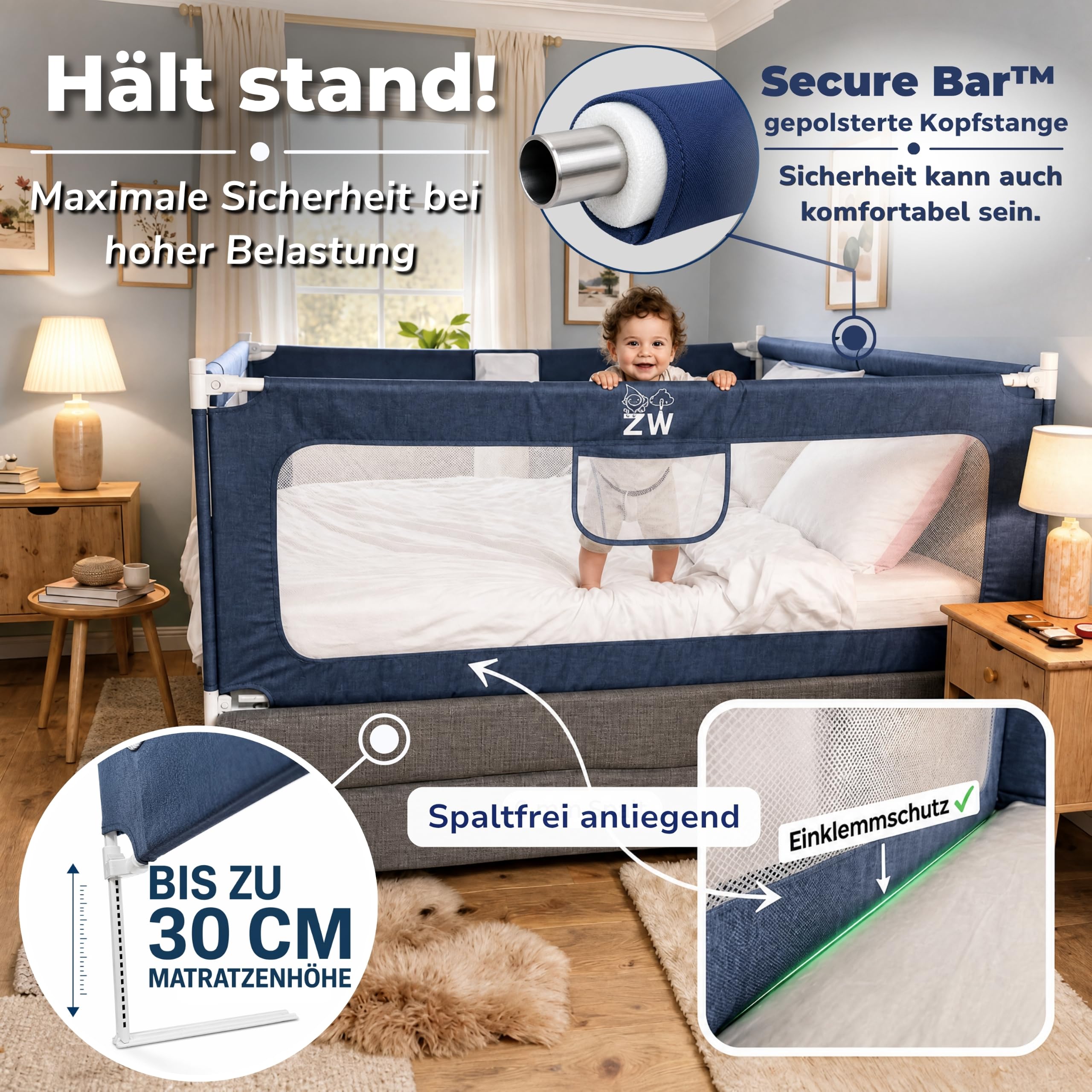 Rausfallschutz Bett 180x200 cm – 3er-Bettgitter Set für Boxspringbett