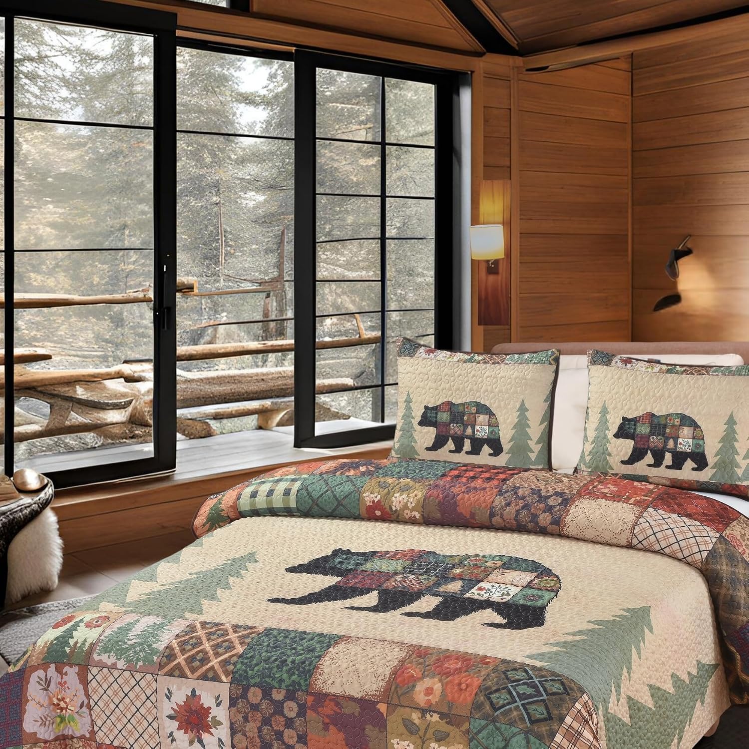 BestGiftEver Bear Themed King Quilt Coverlet Set – Rustic Cabin Bedding – 3-Piece Bedspread (108" x 90") with 2 Standard Pillow Shams – Cozy Woodland Decor for Lodge & Mountain Homes