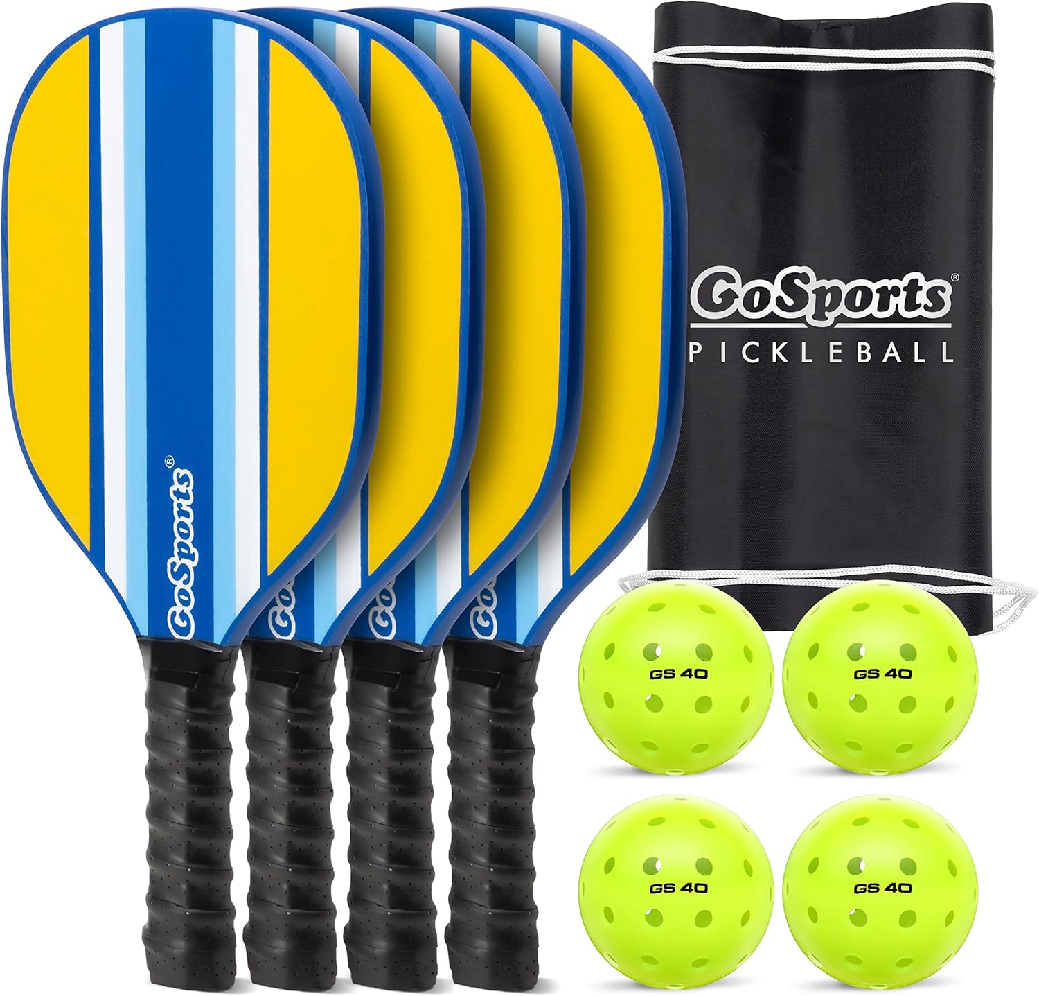GoSports Pickleball Sets - Classic, Retro, Steel Blue, or Yellow - Includes 4 Paddles, 4 Regulation Pickleballs and Carry Case