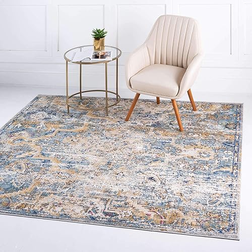 Unique Loom Augustus Collection Area Rug-Assisi, 7' 0" x 7' 0", Light BlueTan