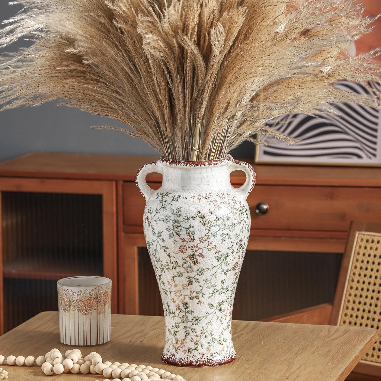 Enra 12.6" Farmhouse Ceramic Vase with Double Handles, Chinoiserie Green Beige Floral Vase, Large Vintage Rustic Vase for Home Decor Living Room Centerpiece, Housewarming Wedding Gift