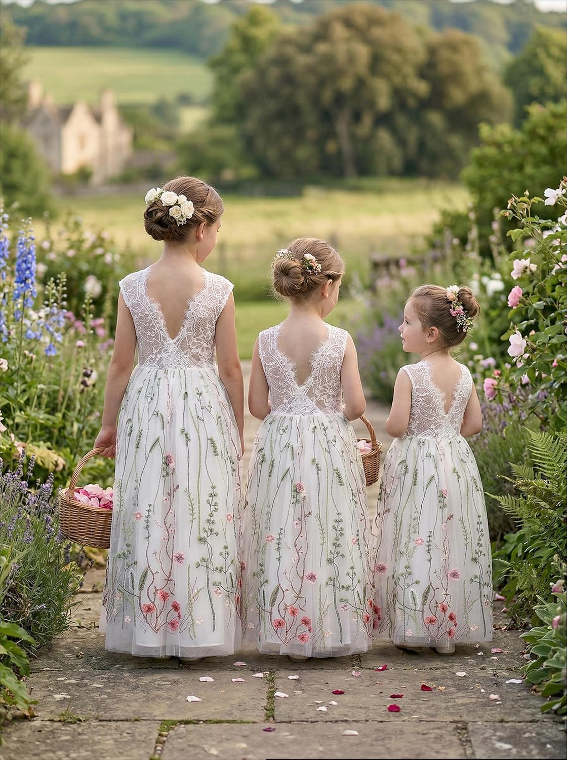 2Bunnies Girl Floral Embroidered Tulle Flower Lace A-Line Garden Flower Girl Dress