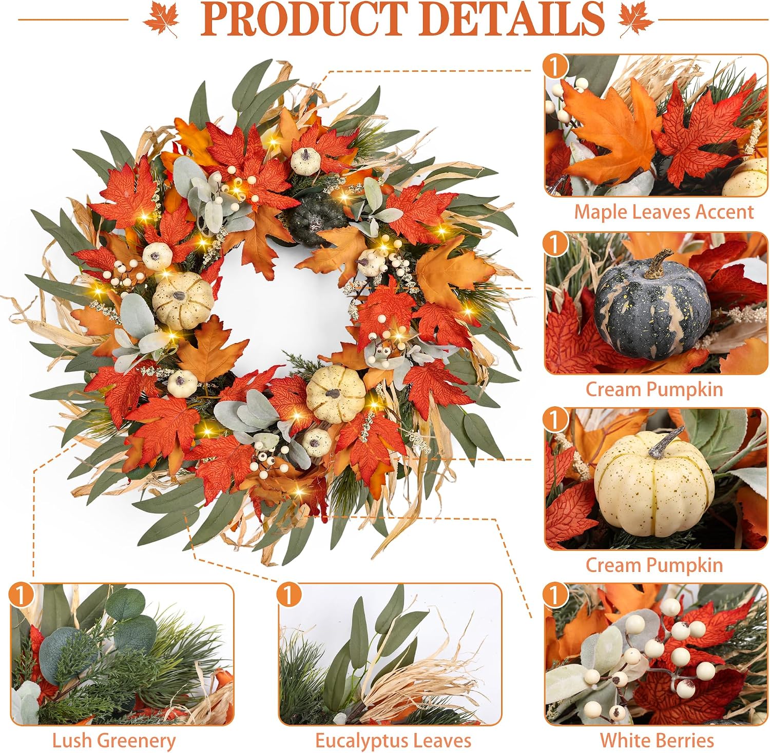 Realistic Fall Wreath with Lights/Timer 24 inch Fall Wreaths for Front Door with Pumpkins Autumn Wreath for Thanksgiving Outdoor Indoor Farmhouse Harvest Fall Decorations for Home Porch Decor