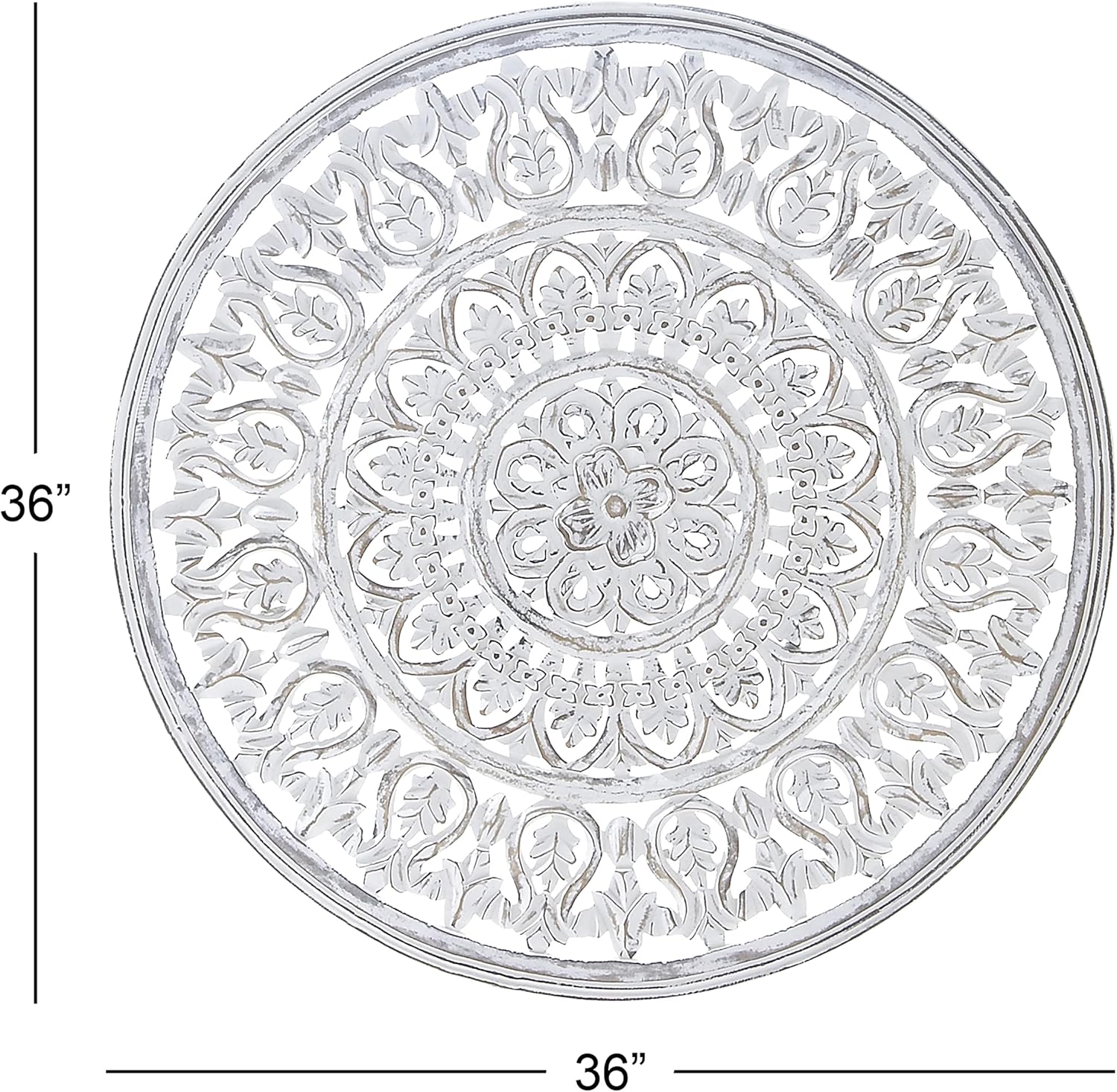 Deco 79 Wood Floral Handmade Intricately Carved Round Mandala Wall Decor, 36" x 1" x 36", White
