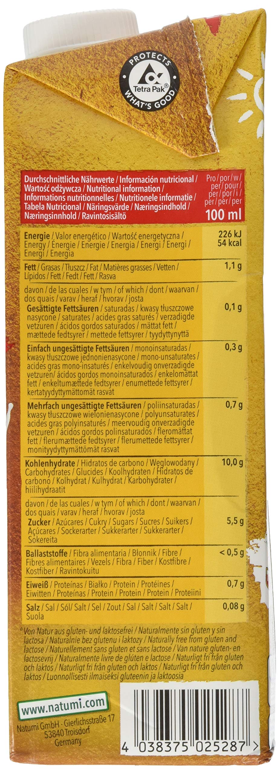 Natumi Hirsedrink Natural Ungesüßt Hirse Drink Bio Veganer Milchersatz, Neutral, 1 ltr (6er Pack)
