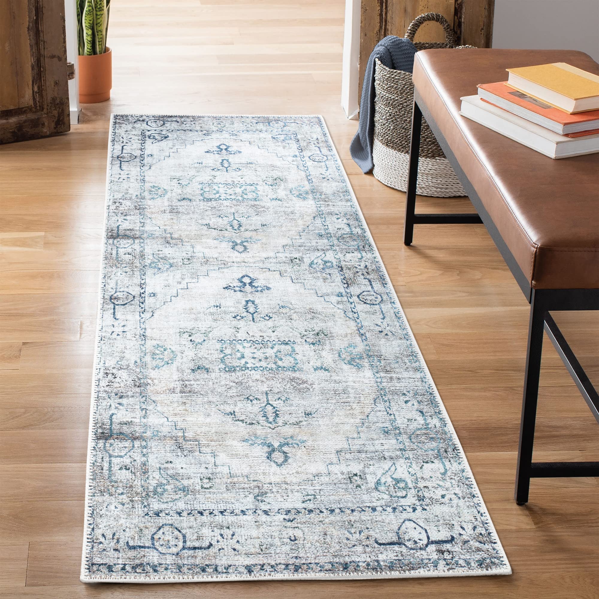 Bloom Rugs Washable Non-Slip 10 ft Runner - Teal/Beige Traditional Runner for Entryway, Hallway, Bathroom, and Kitchen - Exact Size: 2.5' x 10'
