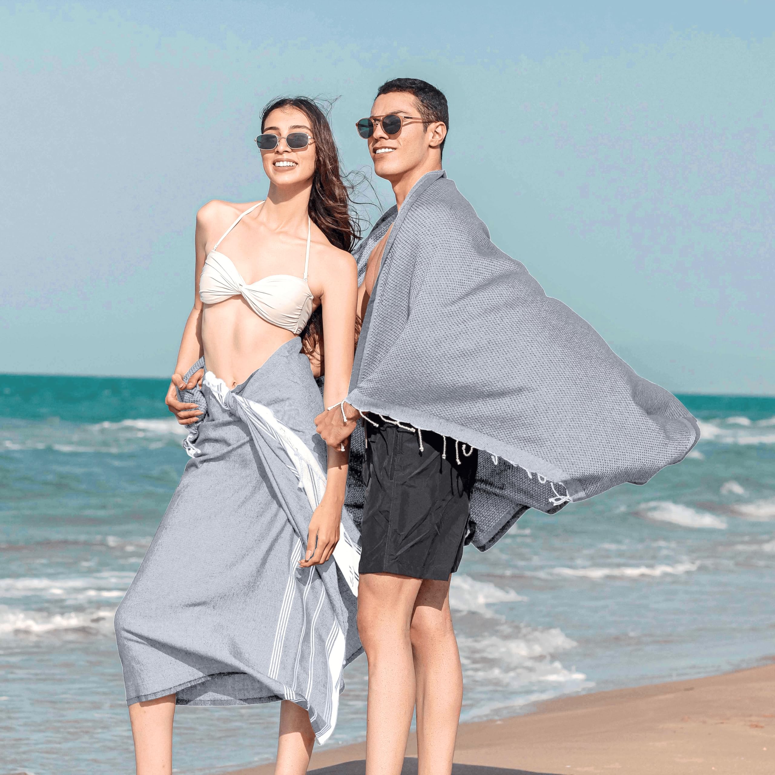 NOUR Hamamtuch Strandtuch | 2er Pack | groß 100x200 cm | aus 100% Baumwolle | Picknickdecke | Saunatuch | Extra leicht | saugstark | schnelltrocknend | Sandfrei (grau)