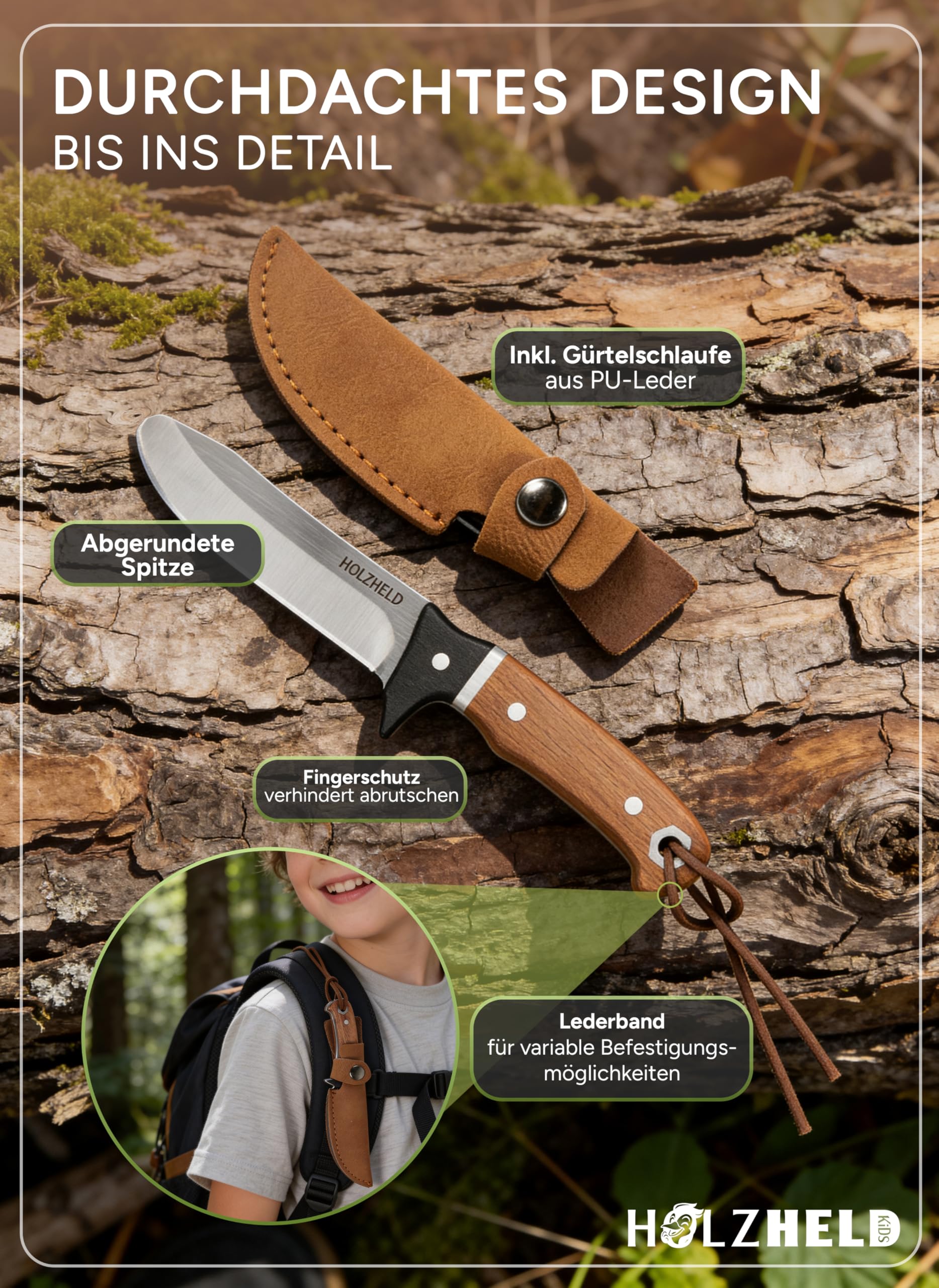 HOLZHELD - Schnitzmesser Kinder mit Gürteltasche inkl. schnittfeste Handschuhe - sicheres Taschenmesser - Schnitzset - Schnitzen Kinder - Kindermesser ab 5, 6, 7, 8, 9, 10 Jahre - Größe 6