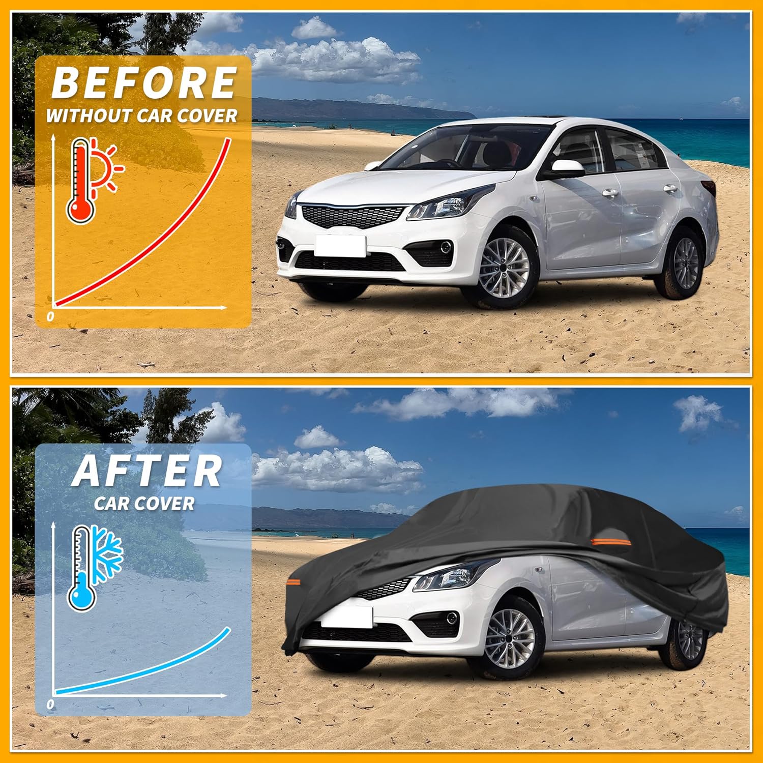 Car Cover Waterproof All Weather Sun Rain Protection Full Exterior Cover for Kia Rio Sedan 190T-PU Black with Left Side Zippers