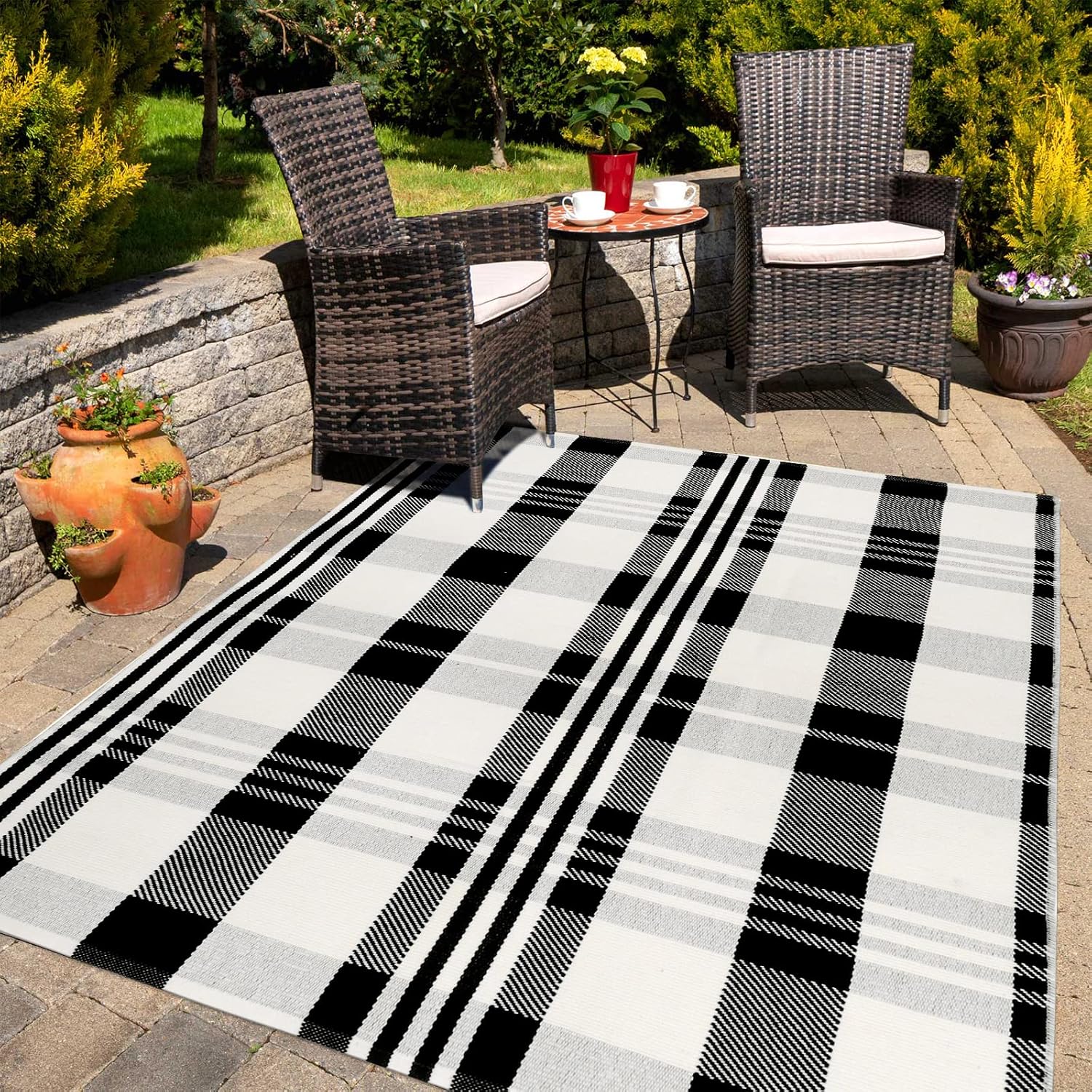 Black and White Outdoor Rug 4' x 6' Collive Washable Buffalo Plaid Cotton Front Porch Area Rug Farmhouse Collection Indoor Outdoor Floor Mat for Living Room Entryway Dining Room