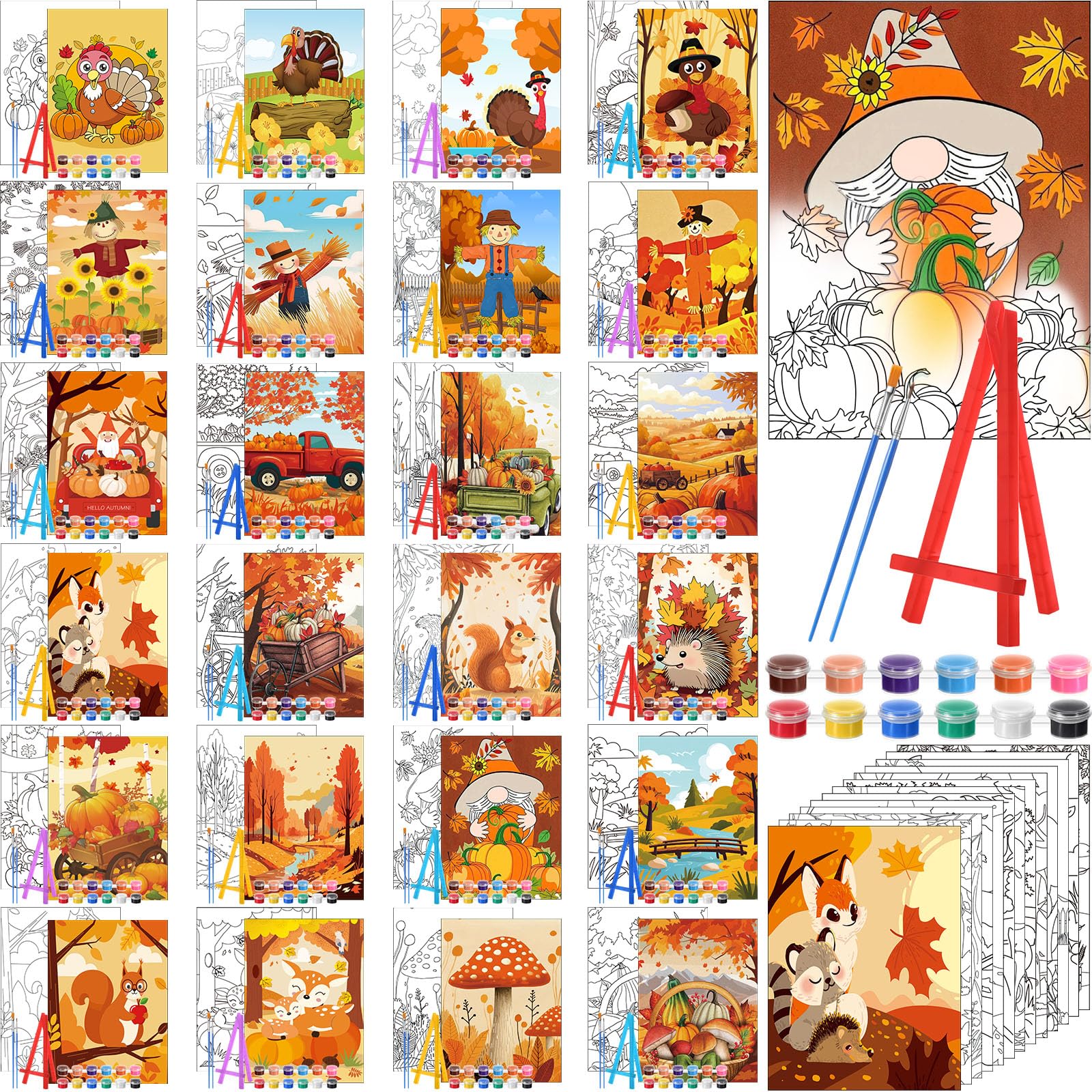 Blosssound 24 Pack Fall Thanksgiving Pre Drawn Canvas to Paint Pre Printed Canvas Painting Kits with Easel, Paint Pots Brushes Stretched Panels Bulk for Adult Sip Party Student Beginner Birthday DIY