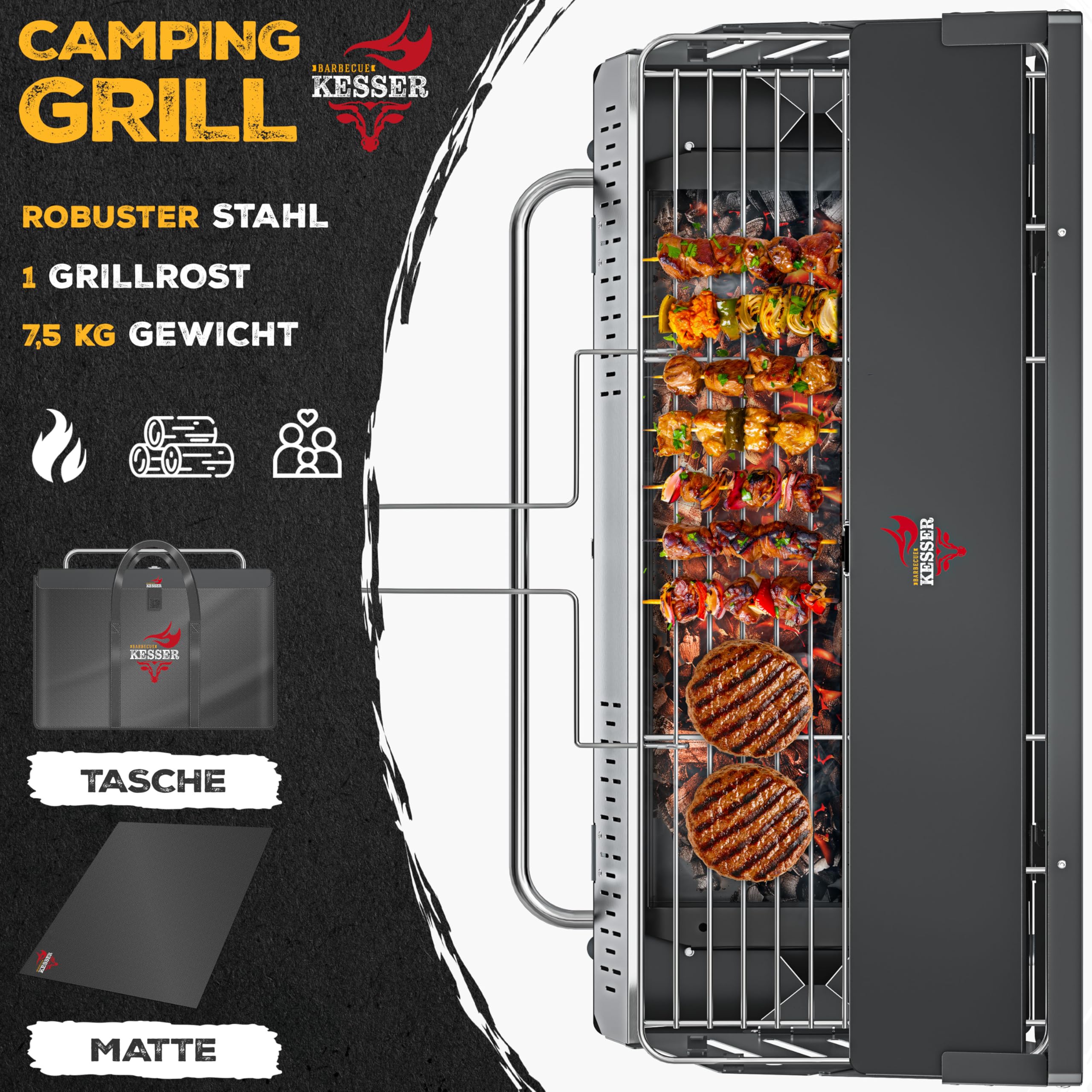 KESSER® Barbecue de camping pliable portable | Barbecue au charbon de bois en acier revêtu par pulvérisation avec grille, tapis et sac de transport