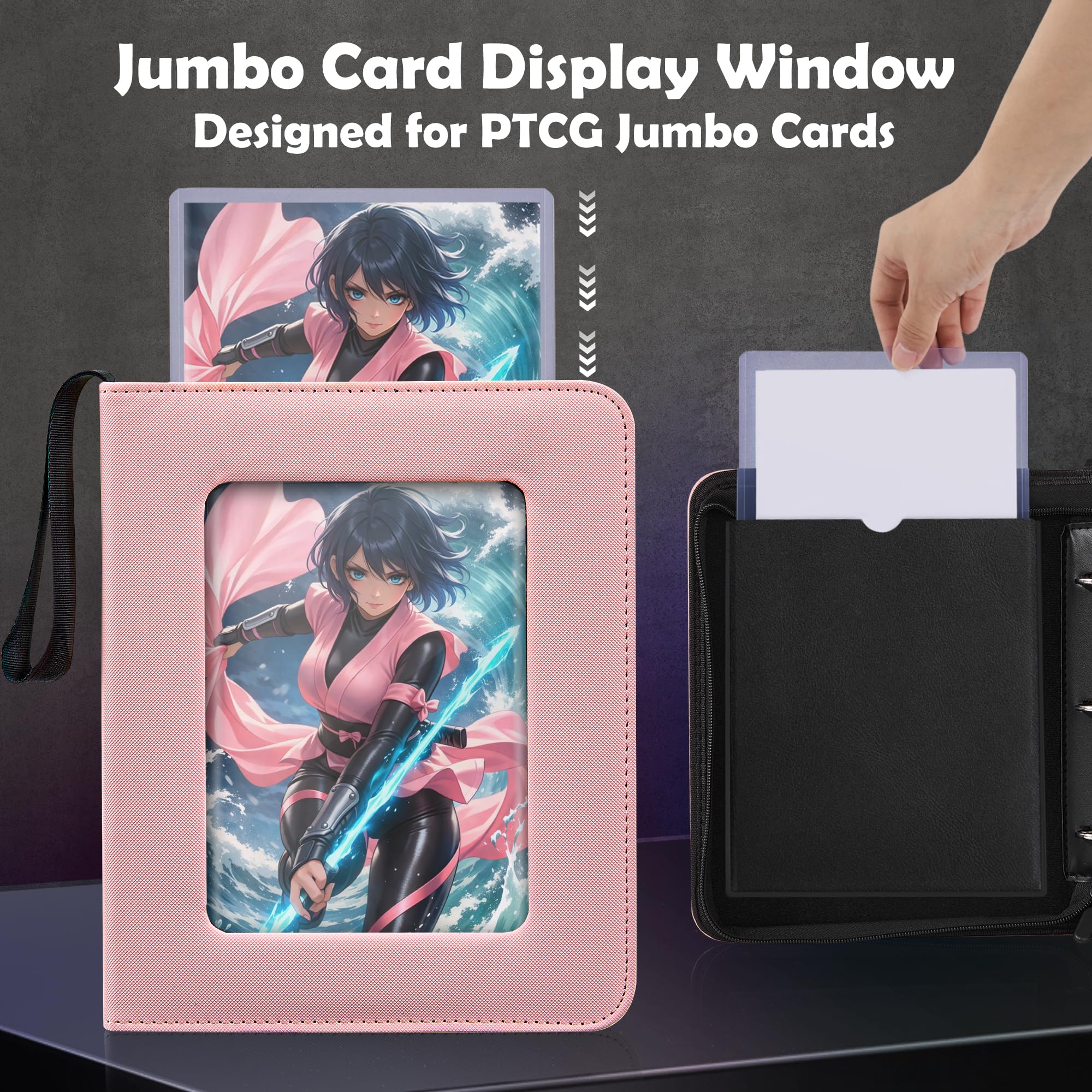 Classeur à cartes Jumbo avec fenêtre d'affichage – Album de rangement de cartes surdimensionné, convient aux cartes Jumbo L et XL, classeur à fermeture éclair à 3 anneaux avec séparateurs de