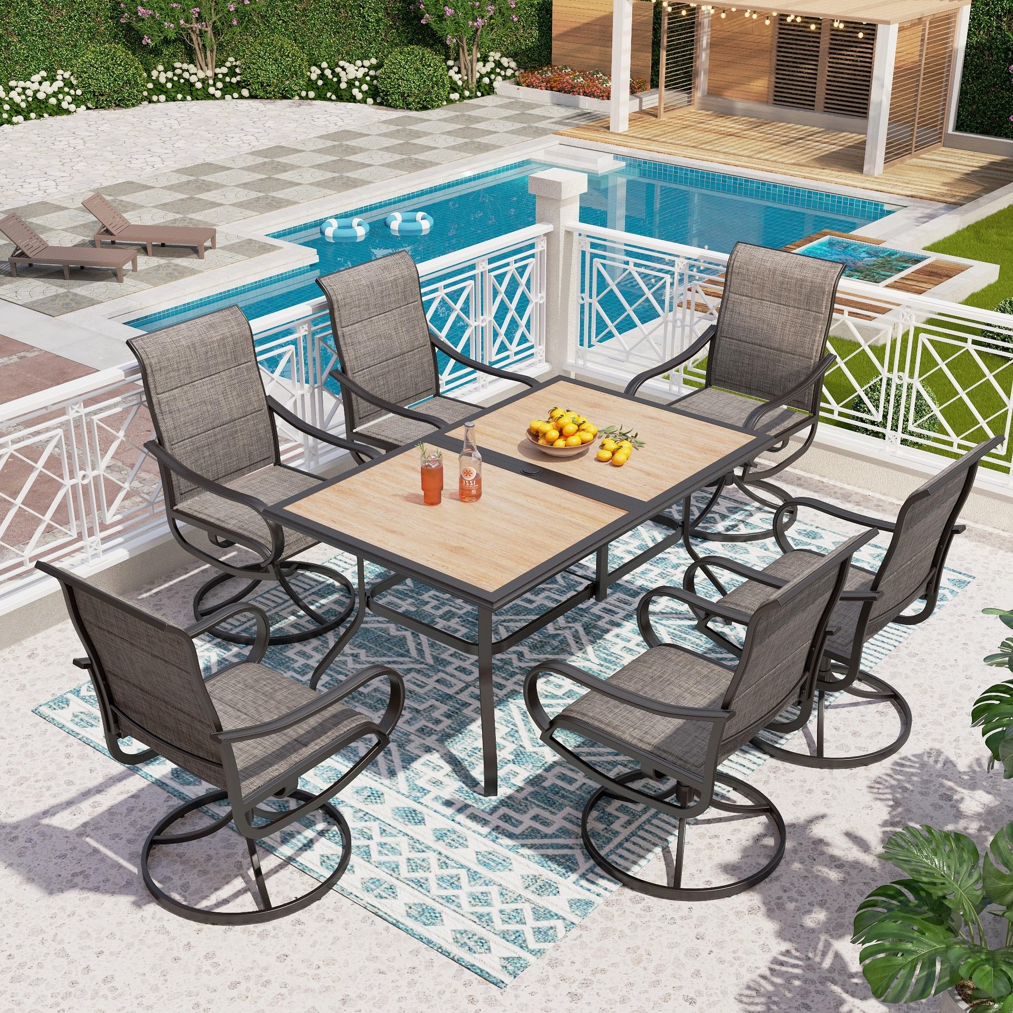 PHI VILLA 7 Piece Patio Dining Set, 6 Swivel Patio Chairs with Padded Textilene Fabric & Rectangular Dining Table (1.6" Umbrella Hole), All Weather