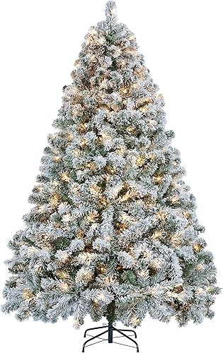 Topeakmart Árbol de Navidad artificial preiluminado de 6 pies con nieve, árbol de Navidad para decoración navideña