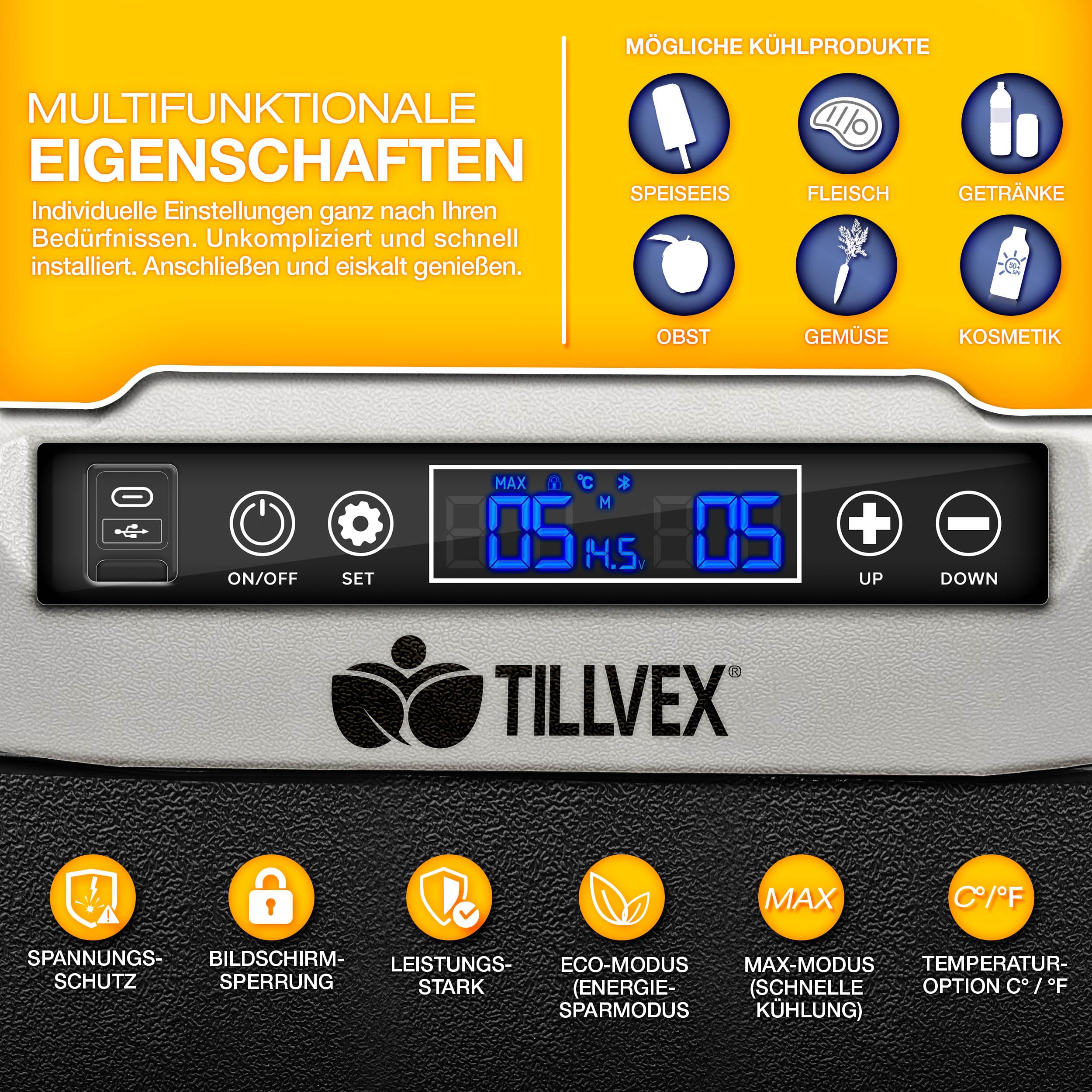 tillvex® Kompressor Kühlbox elektrisch 40-60 Liter | Elektrische Gefrierbox WIFI-APP-Steuerung 12/24 V 230V | Kühlschrank bis -20 °C für Auto, Lkw, Camping (Schwarz, 50 Liter - mit Akku)