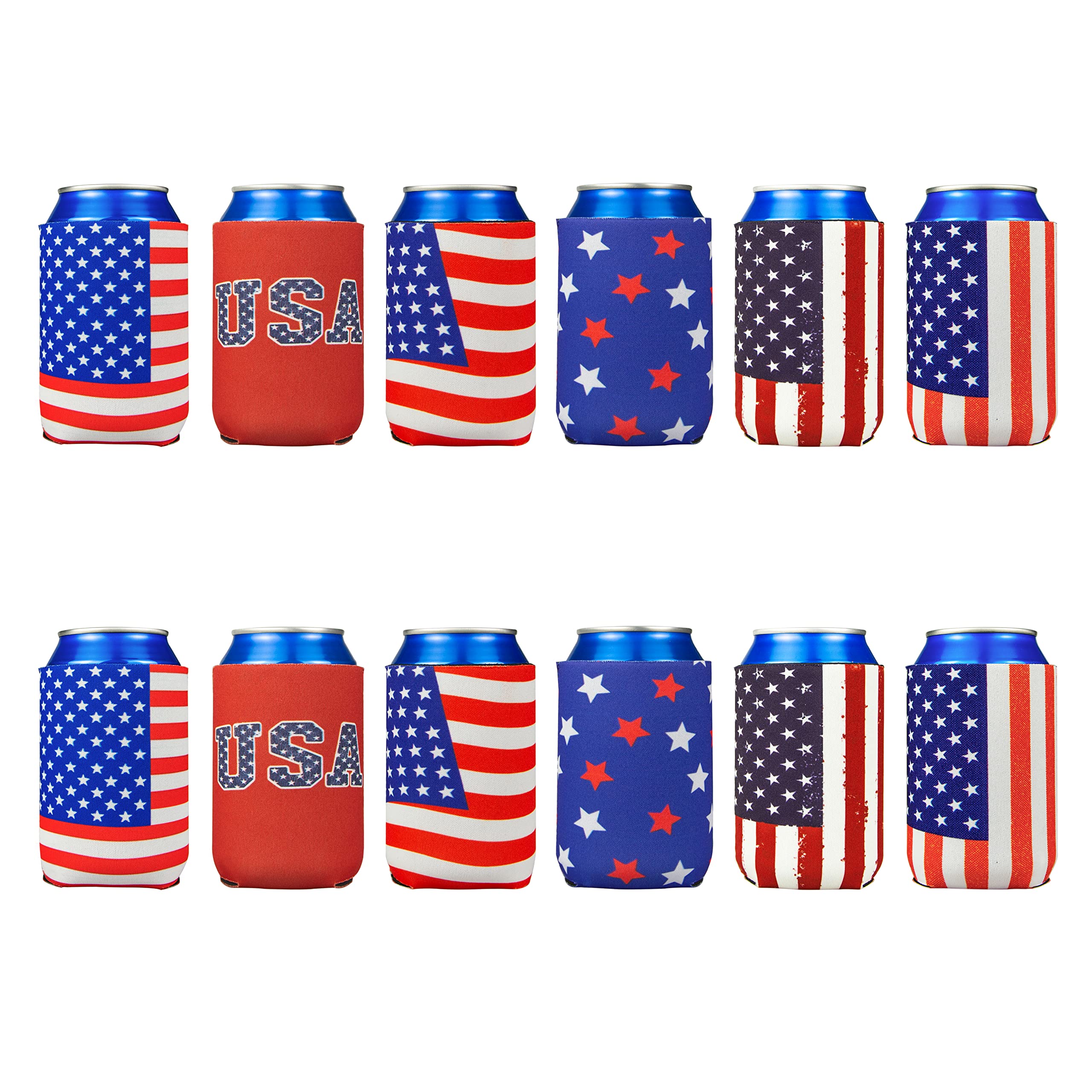 12 PCS Can Cooler Sleeves - American Flag Soda Beer Drink Coolies - Insulated Collapsible Cooler Holder to Glass or Bottle for American Independence Day, National Day (Mixed Pack)