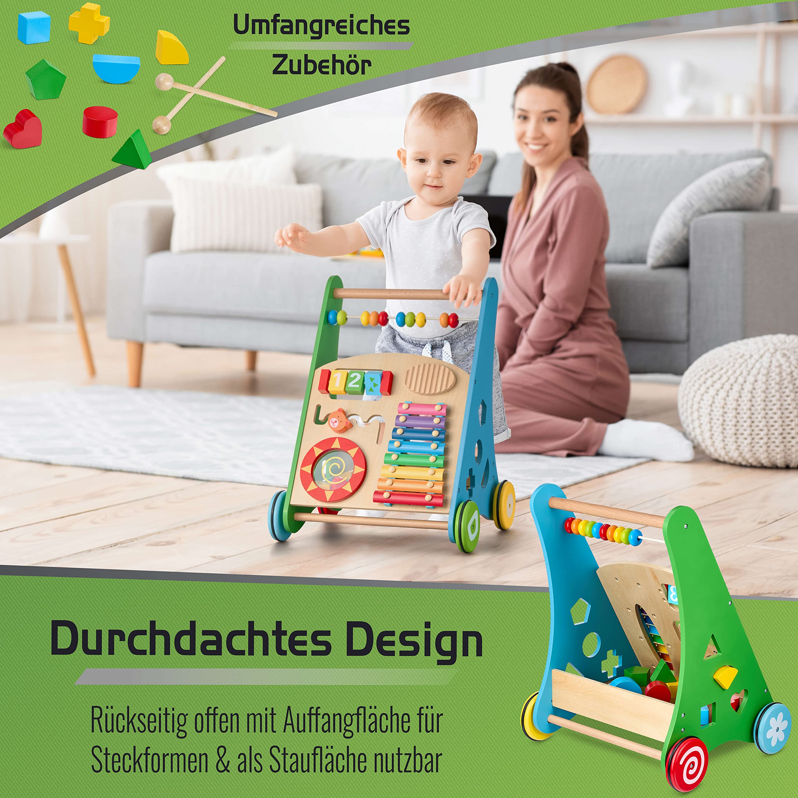 Balinco Lauflernwagen Holz, Lauflernhilfe Baby, Babywalker, Gehhilfe Baby, Lernlaufwagen, Motorikwagen, Kippsicher & Stabil, Handgefertigt, Echtholz