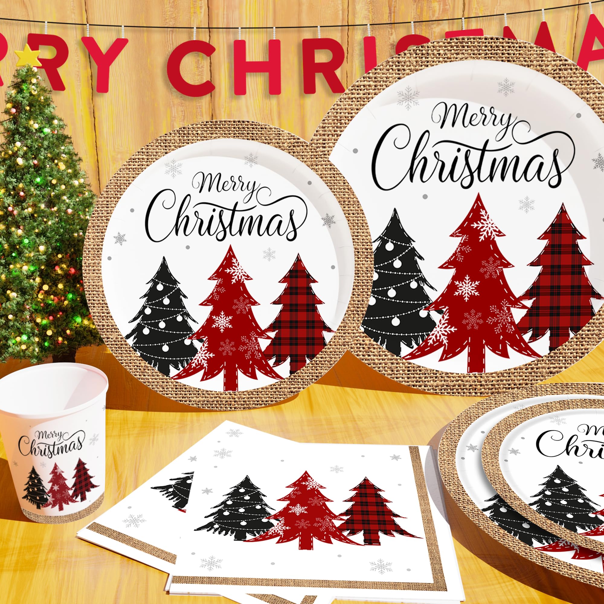 Platos y servilletas de papel de Navidad, platos de Navidad desechables (sirve para 25), platos y servilletas de árbol de Navidad incluye platos llanos, platos de postre, servilletas y tazas,