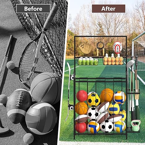 Miniatura 5 de HEOMU Organizador de equipo deportivo, organizador de pelotas con cuerda elástica y estante lateral, almacenamiento de pelotas de garaje con 5