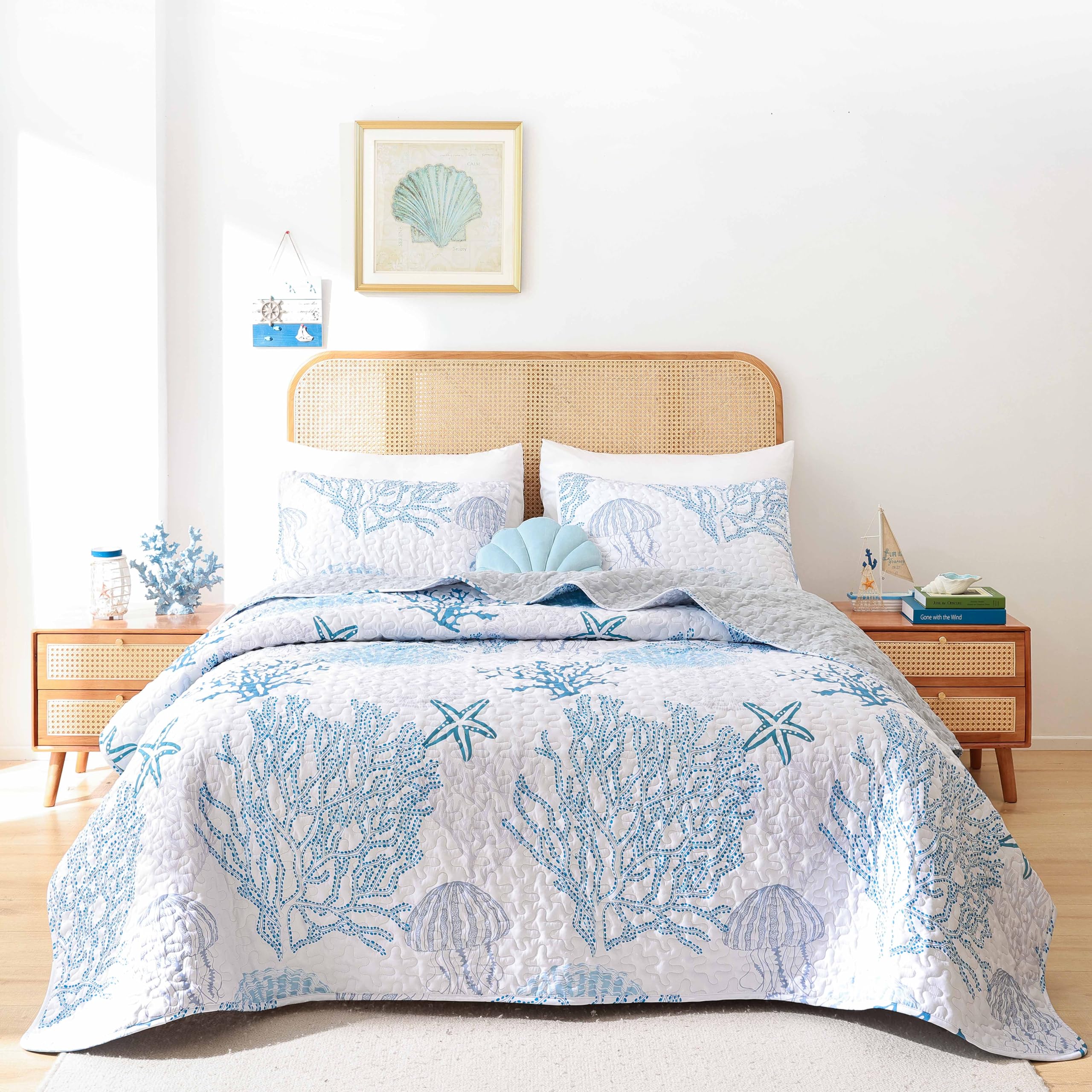 weigelia Coastal Quilts Bedding Set Queen Size - Blue Summer Nautical Bedding Quilt with Pillow Cases, Beach Reversible Quilt Set Bedspreads Coverlet Soft Lightweight ComforterOEKO-TEX STANDARD 100