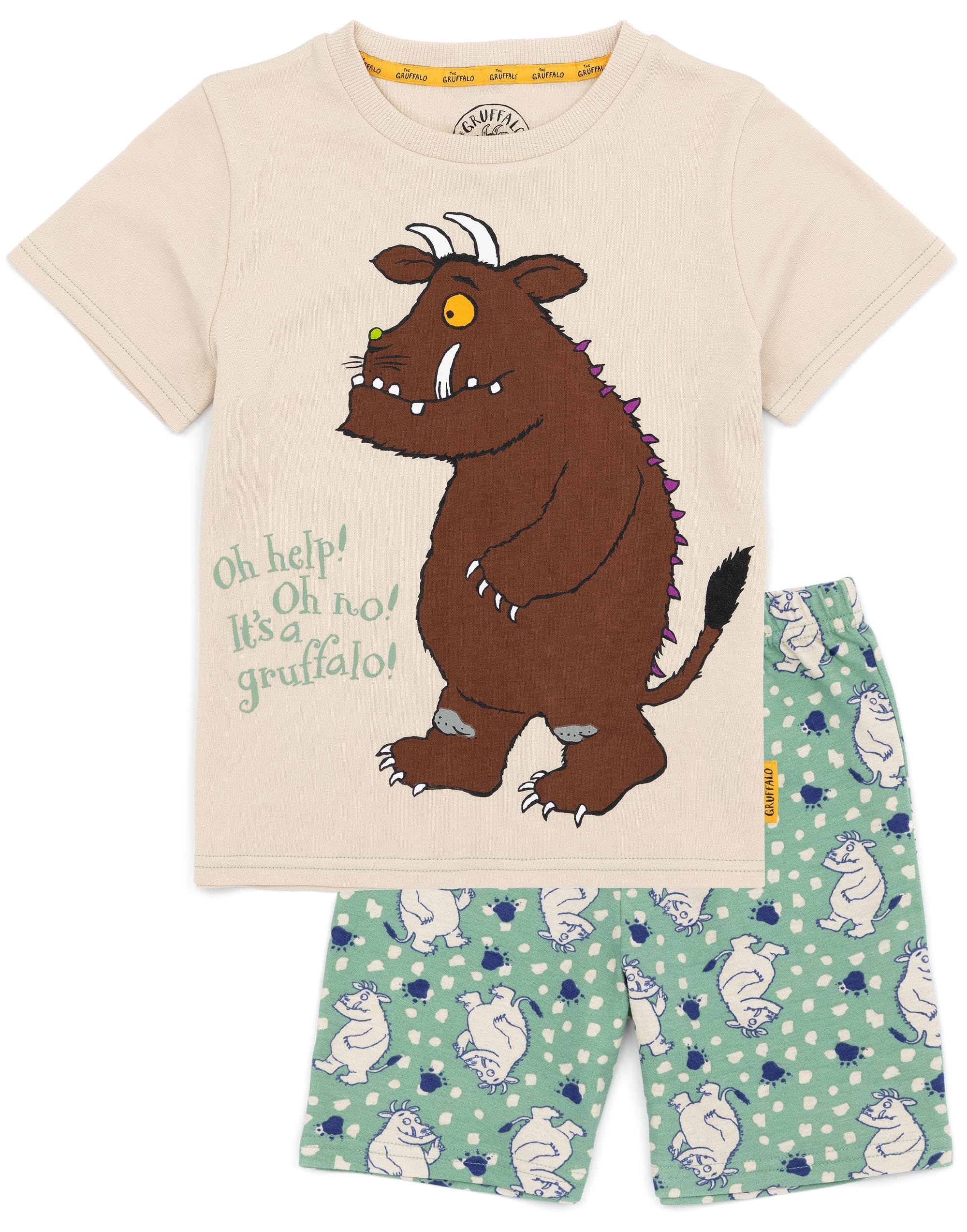 Gruffalo Kids 2 Pack Le Pyjama | Boys Girls Toddlers Beige Green Short Sleeve T-Shirt Set | Monster Mouse Personnage Vêtements de Nuit sur Le thème de la Marchandise