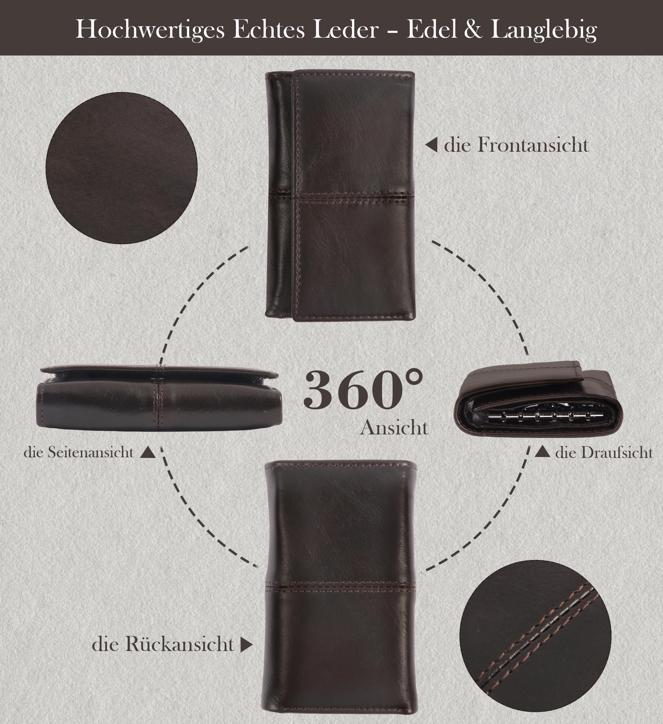 ARGOO Étui à clés en cuir véritable pour homme et femme, triple pliage, multifonction, en cuir, avec crochet à clés, compartiment à billets séparé