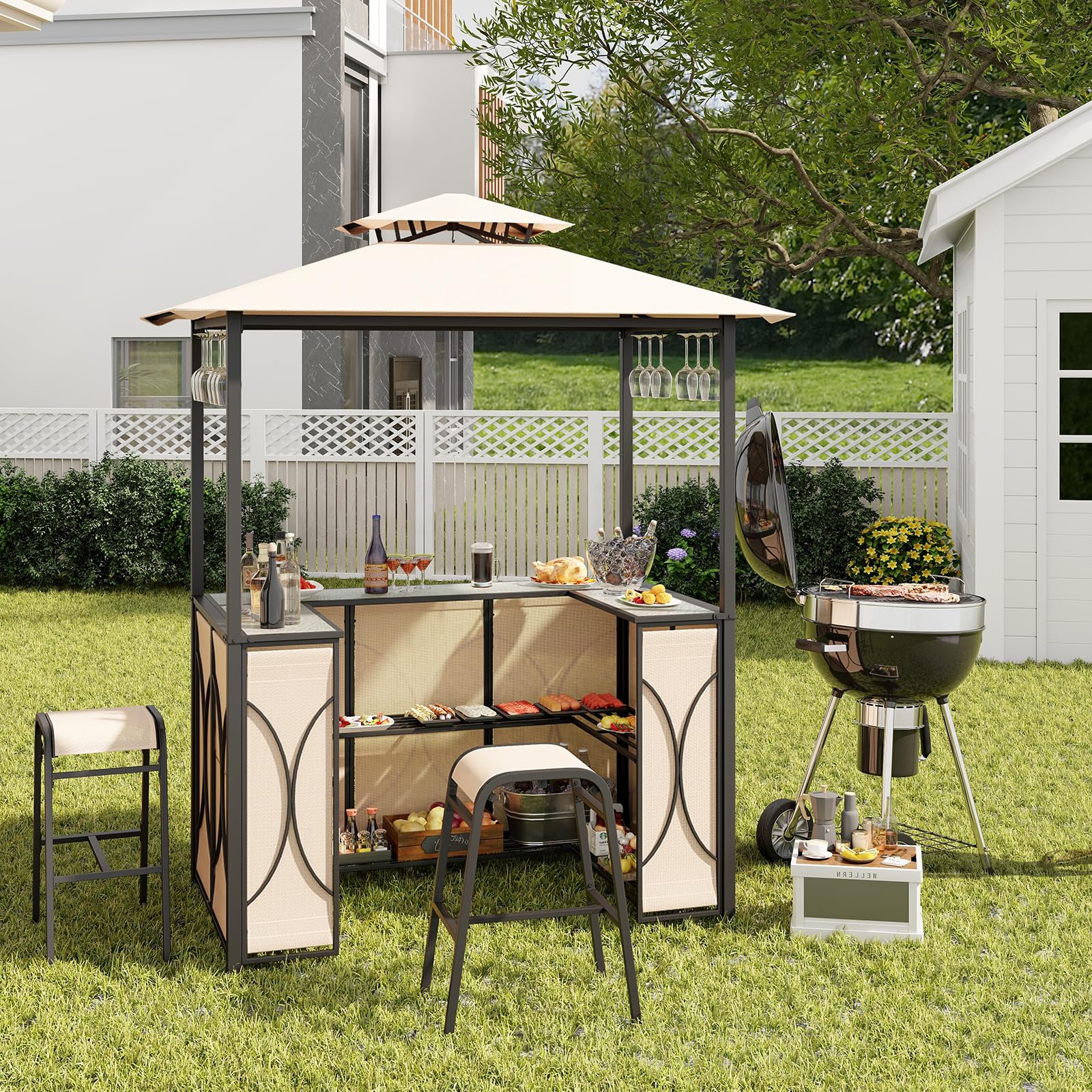 HOMASIS Gazebo pour Barbecue avec Banc de Bar et 2 Tabourets, Tonnelle Extérieure Résistante avec Double Toit, Pergola Résistante à la Pluie et au Feu (Marron, 194 x 121 x 242 cm)