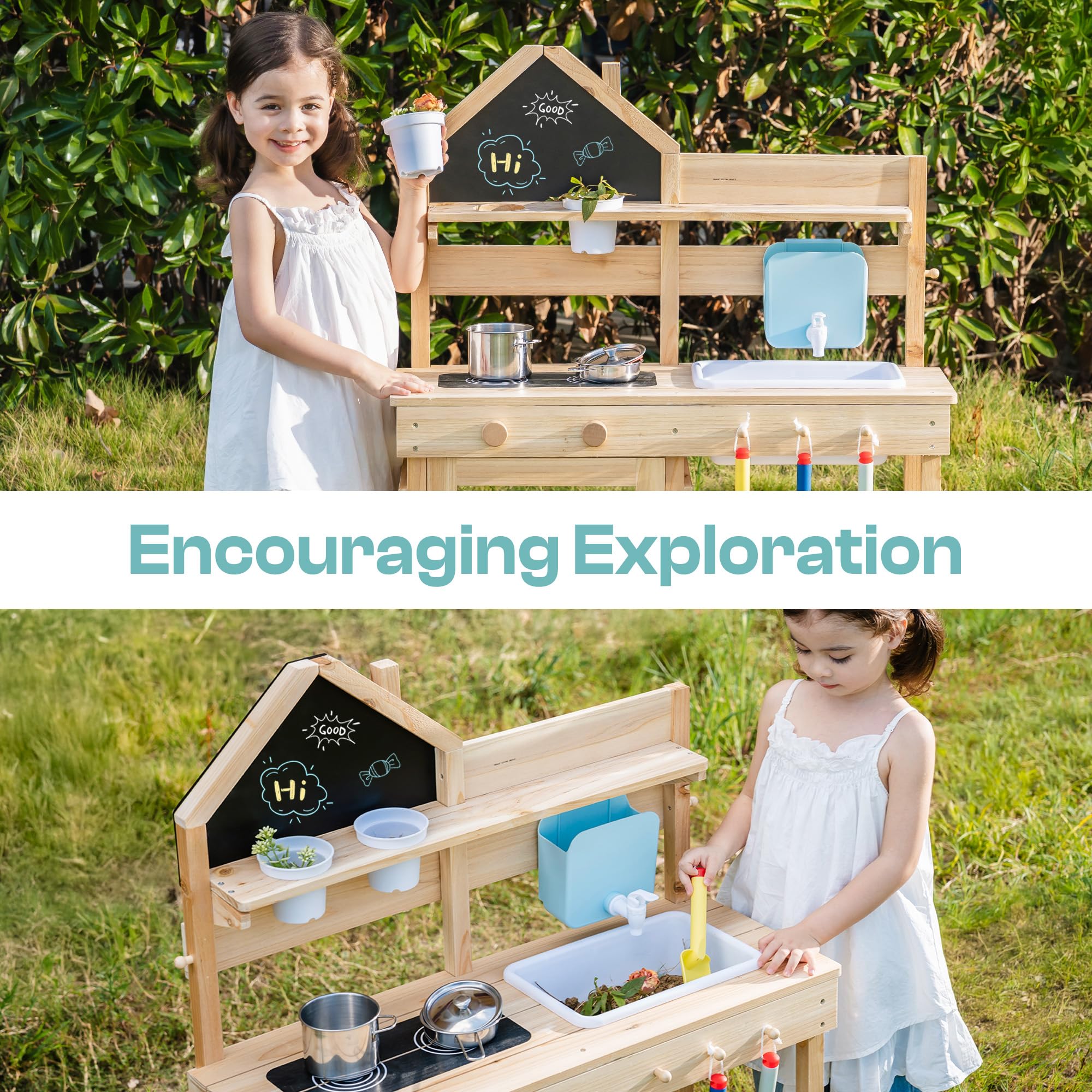 ROBOTIME Kinder Matschküche aus Holz mit Spüle, Tafel, Herd, Wasserhahn, Kochgeschirr & Stauraum – Outdoor Spielküche für Jungen & Mädchen ab 3 Jahren