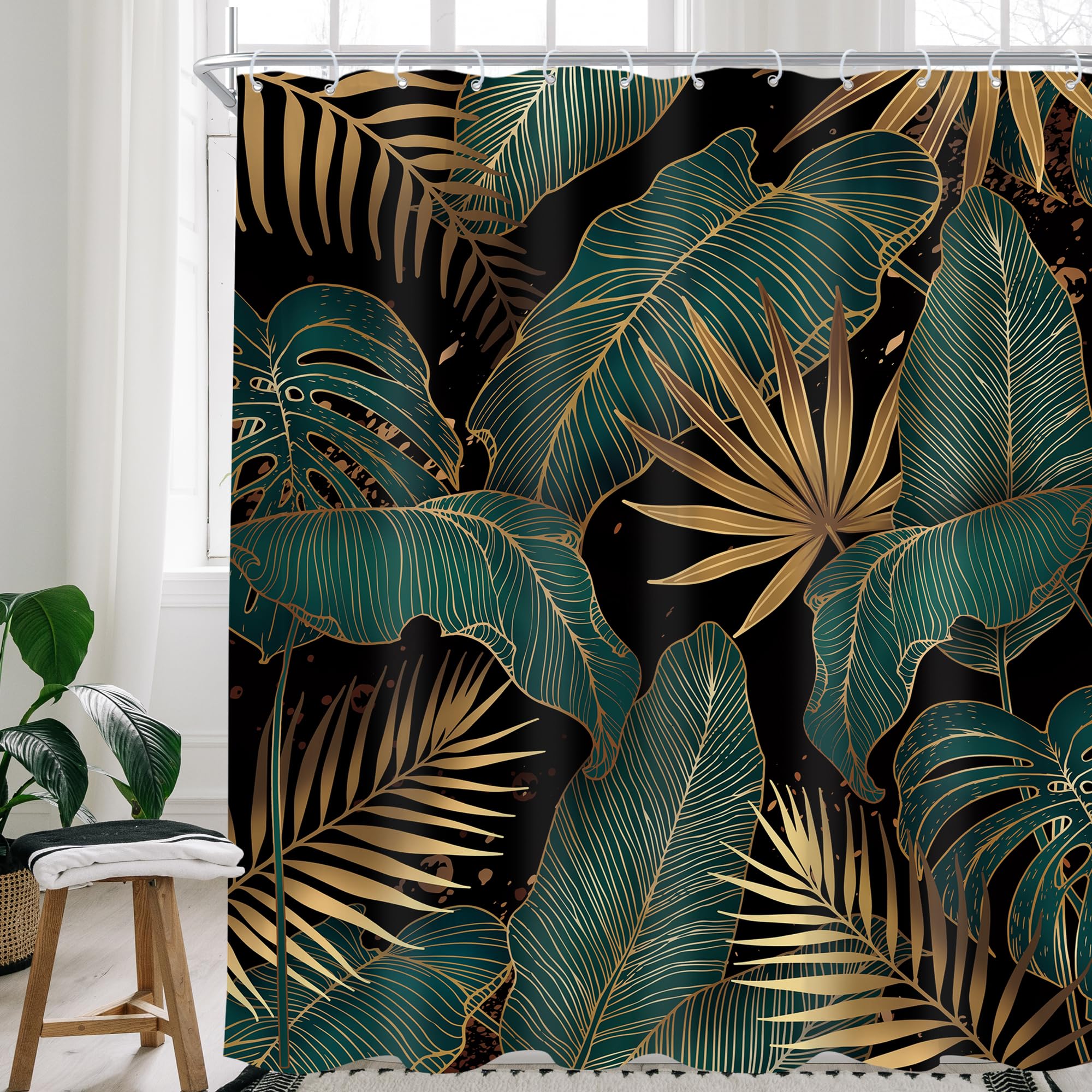 Cinbloo Emerald Green Boho 72Wx78H Shower Curtain Black Gold Modern Abstract Palm Leaves Tropical Monstera Bathroom Curtain Set Brown Botanical Plants Hawaii Nature Bath Bathroom Accessories Decor — image 1