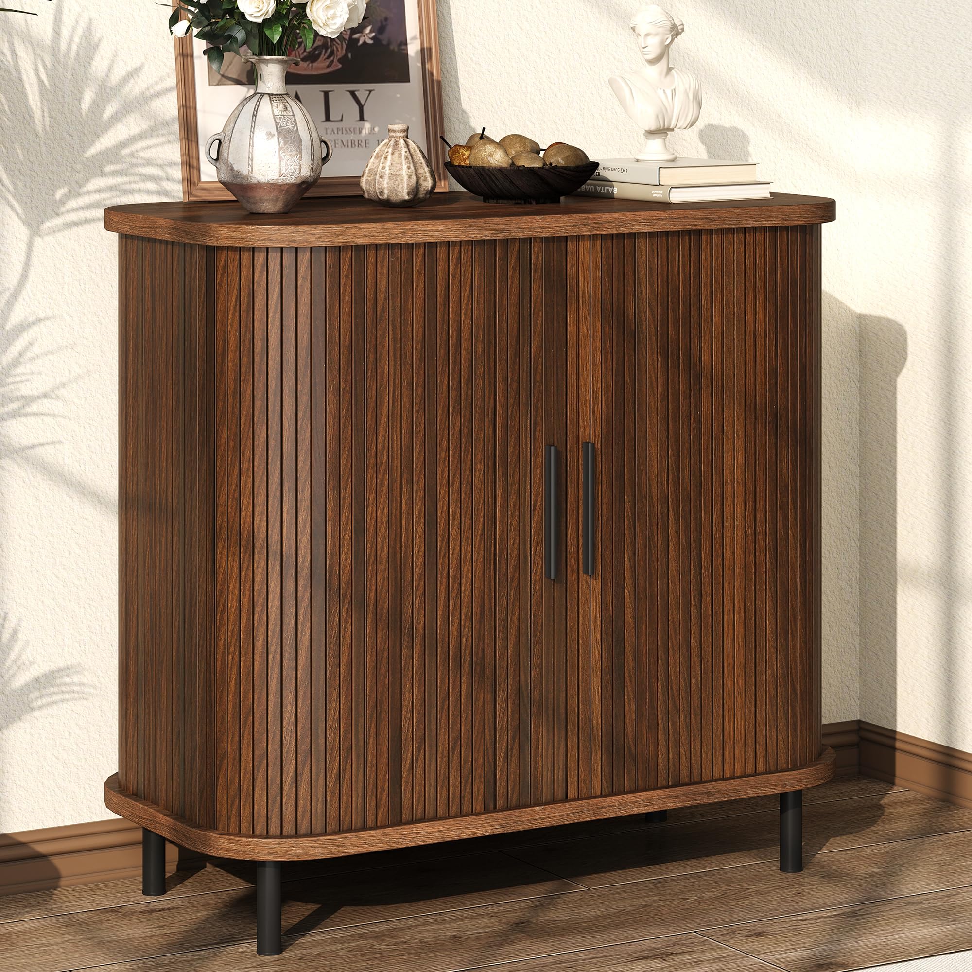 Fluted Sideboard Buffet Cabinet, 31''W Storage Cabinet with Sliding Door, Coffee Bar Buffet Cabinet for Living Room, Kitchen, Entryway, Walnut