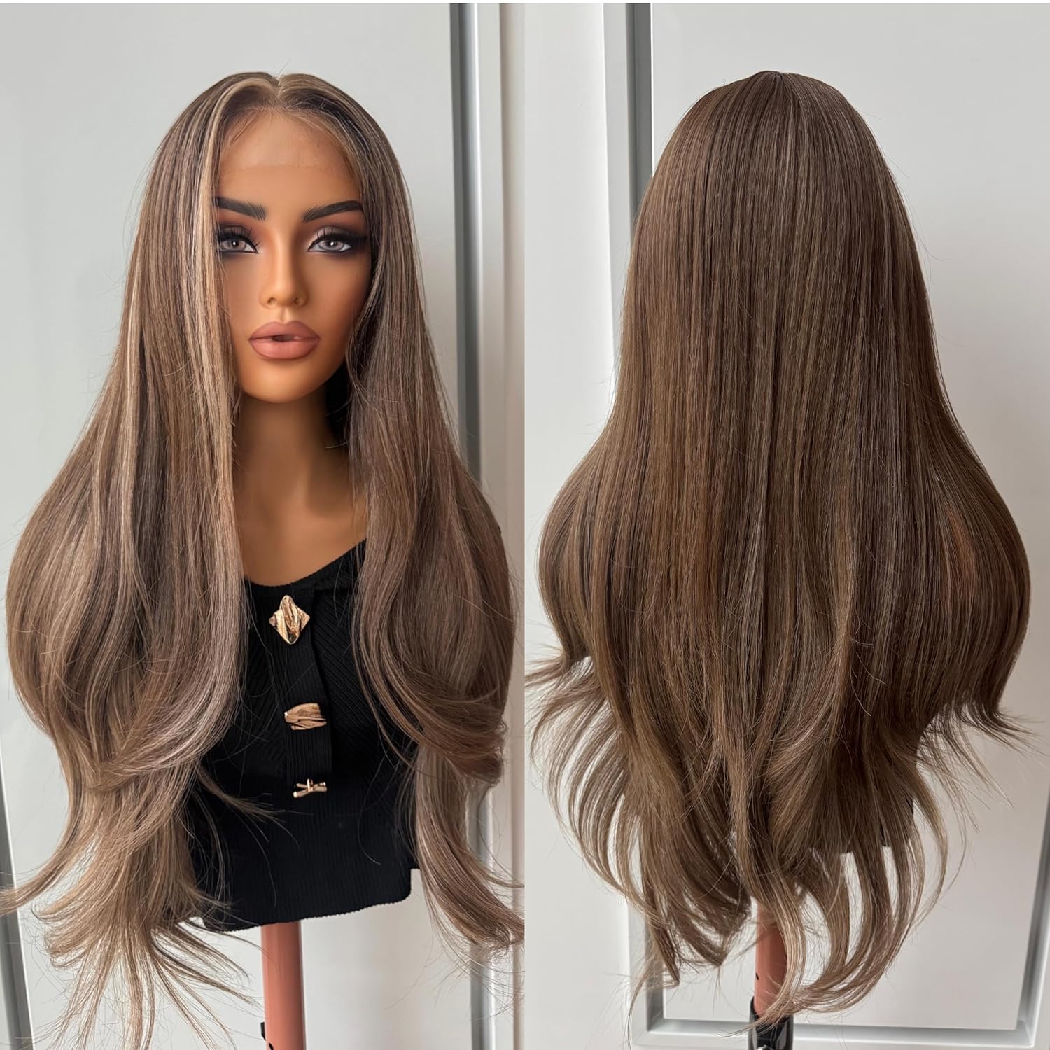 Long Blonde Lace Front Wig with Dark Roots – 24 Inch Heat Resistant, Realistic Human Hair Blend, Ash Brown Blonde Highlights for Women