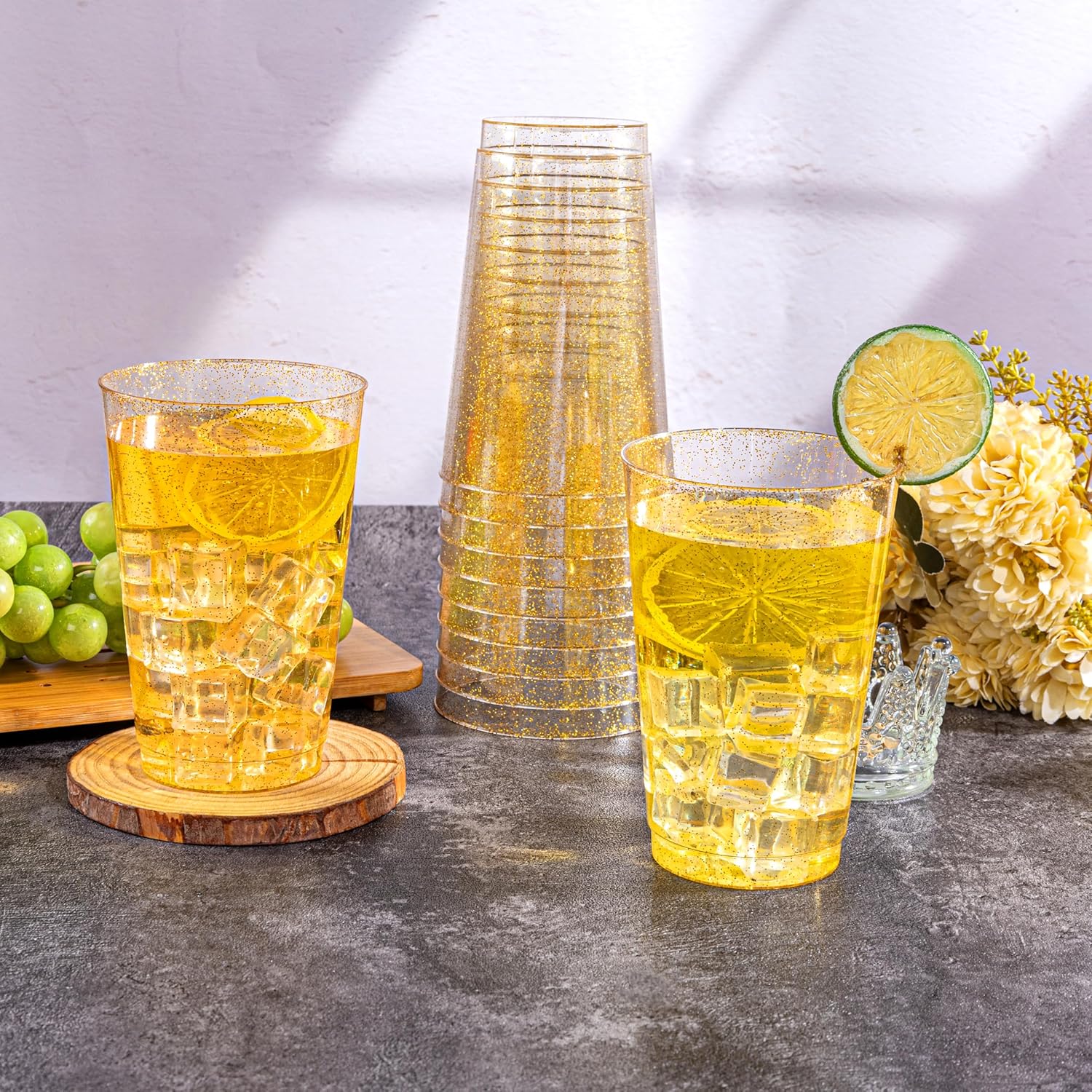 I00000 100 Pack 20 oz Gold Plastic Cups, Gold Glitter Cups Disposable Plastic Wine Glasses Cocktail Glasses Premium Cup, 20 Ounce Glitter Disposable Tumblers for Party & Wedding - Image 7