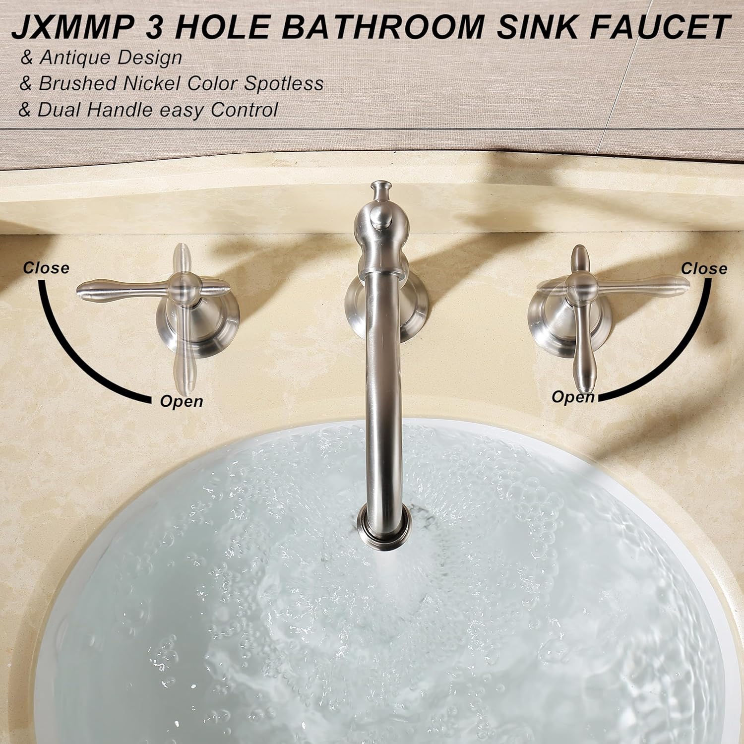 Brushed Nickel 3 Hole Bathroom Faucet, Widespread Antique Bathroom Sink Faucet with Pop Up Drain and cUPC Supply Hose, Modern 2 Handle Modern Brushed Sink Faucet Bathroom JXM3073BN - Image 3