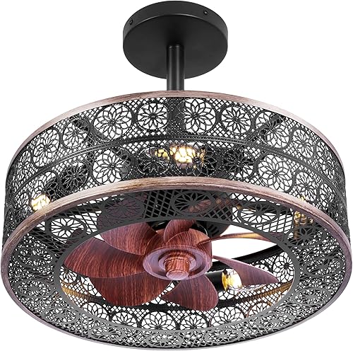 REDSTAR Ventiladores de techo pequeños enjaulados con luces, ventilador de techo industrial negro con luz y control remoto, ventilador de techo de