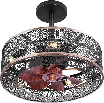 REDSTAR Small Caged Ceiling Fans with Lights, Black Industrial Ceiling Fan with Light and Remote, Farmhouse Ceiling Fan Light for Living Room, Bedroom, Kitchen