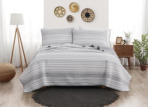 Miniatura 6 de Brooklyn Loom Hudson Stripe Yarn Dye Collection, juego de edredón de 3 piezas, tamaño King, azul multicolor (QS4875KG-2300)