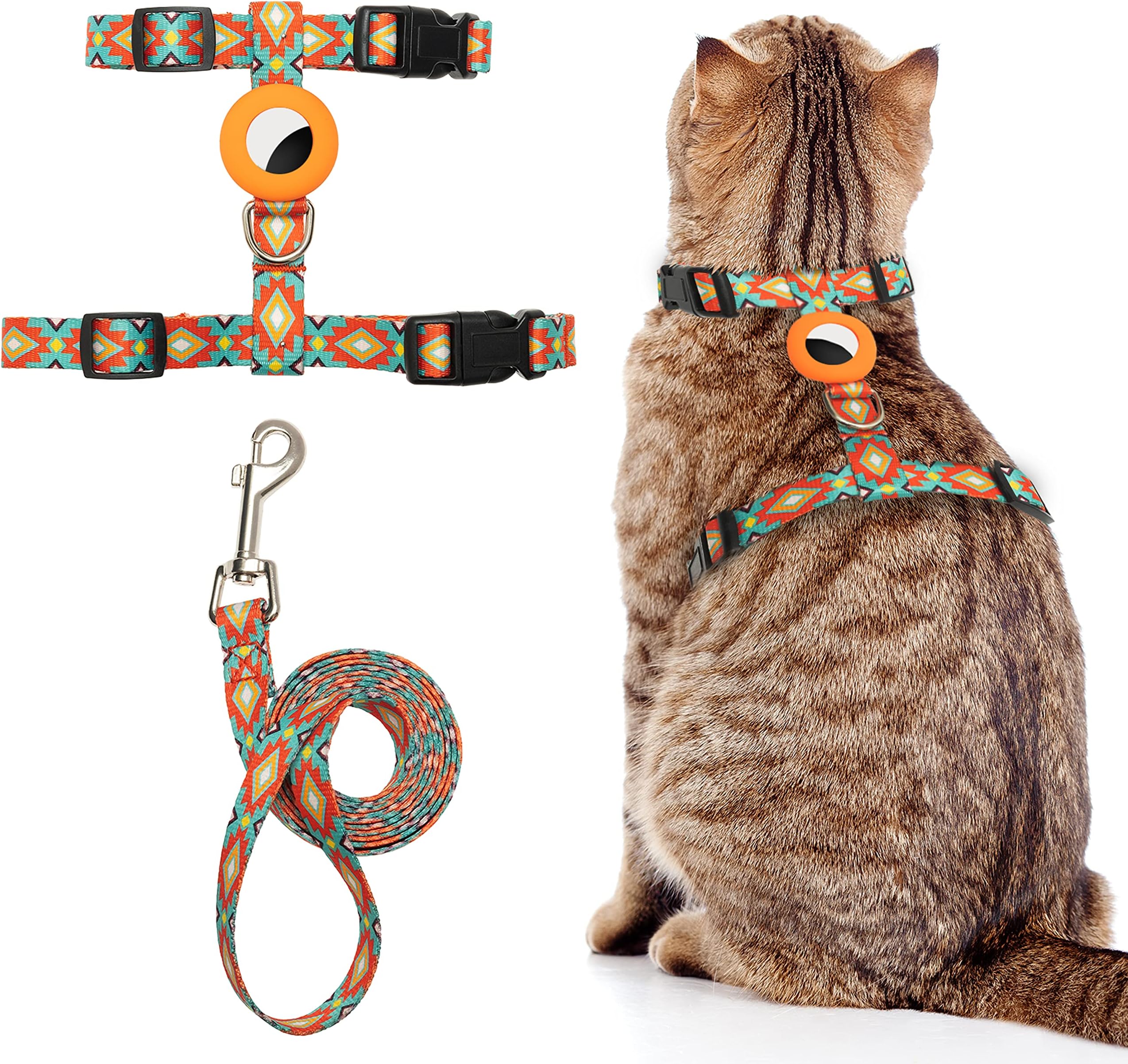 CUSOZWO Cat Harness and Leash Escape Proof for Walking Travel Outdoor - Soft Nylon Adjustable Cute Cat Harness Leash Set with Airtag Holder for Small Large Cats